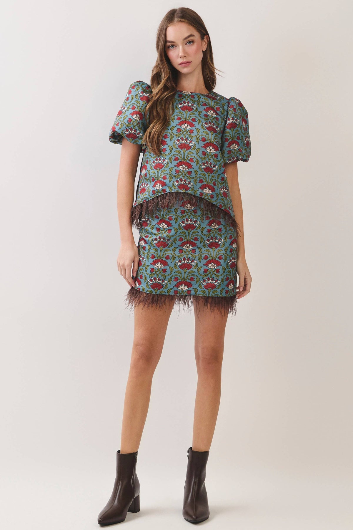 Floral Print Feather Trim Top