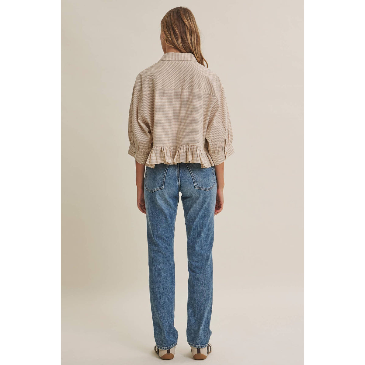 MICRO CHECK RUFFLE HEM BUTTON-DOWN SHIRT
