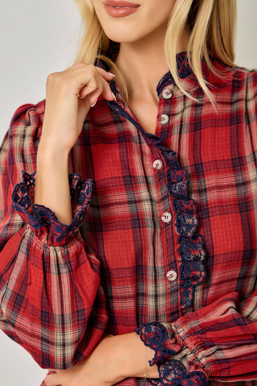 Embroidered Lace Plaid Blouse