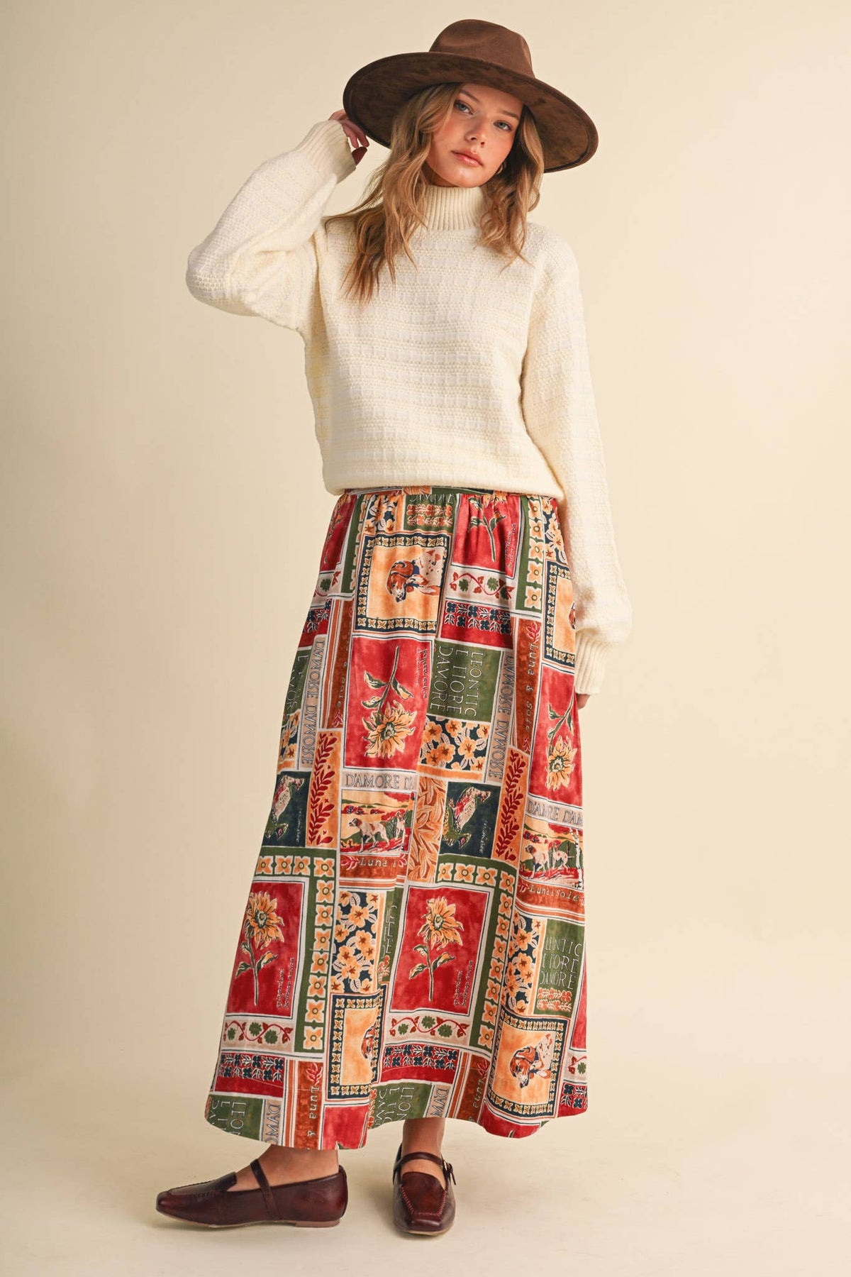 PATCH PRINT MIDI SKIRT