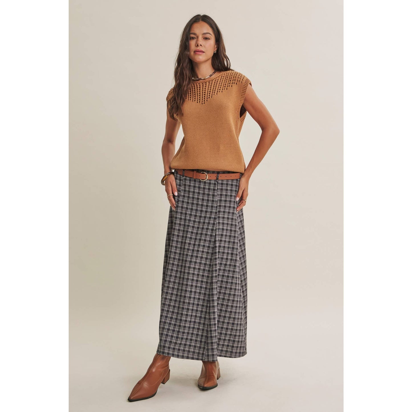 PLAID MAXI SKIRT WITH BELT
