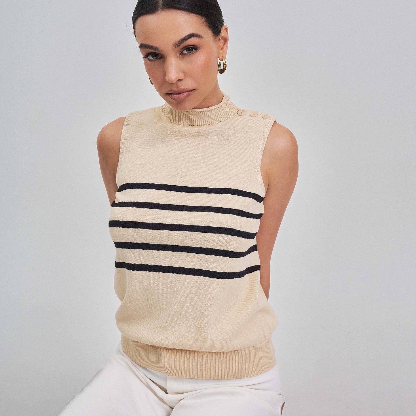 Sleeveless mock neck striped sweater