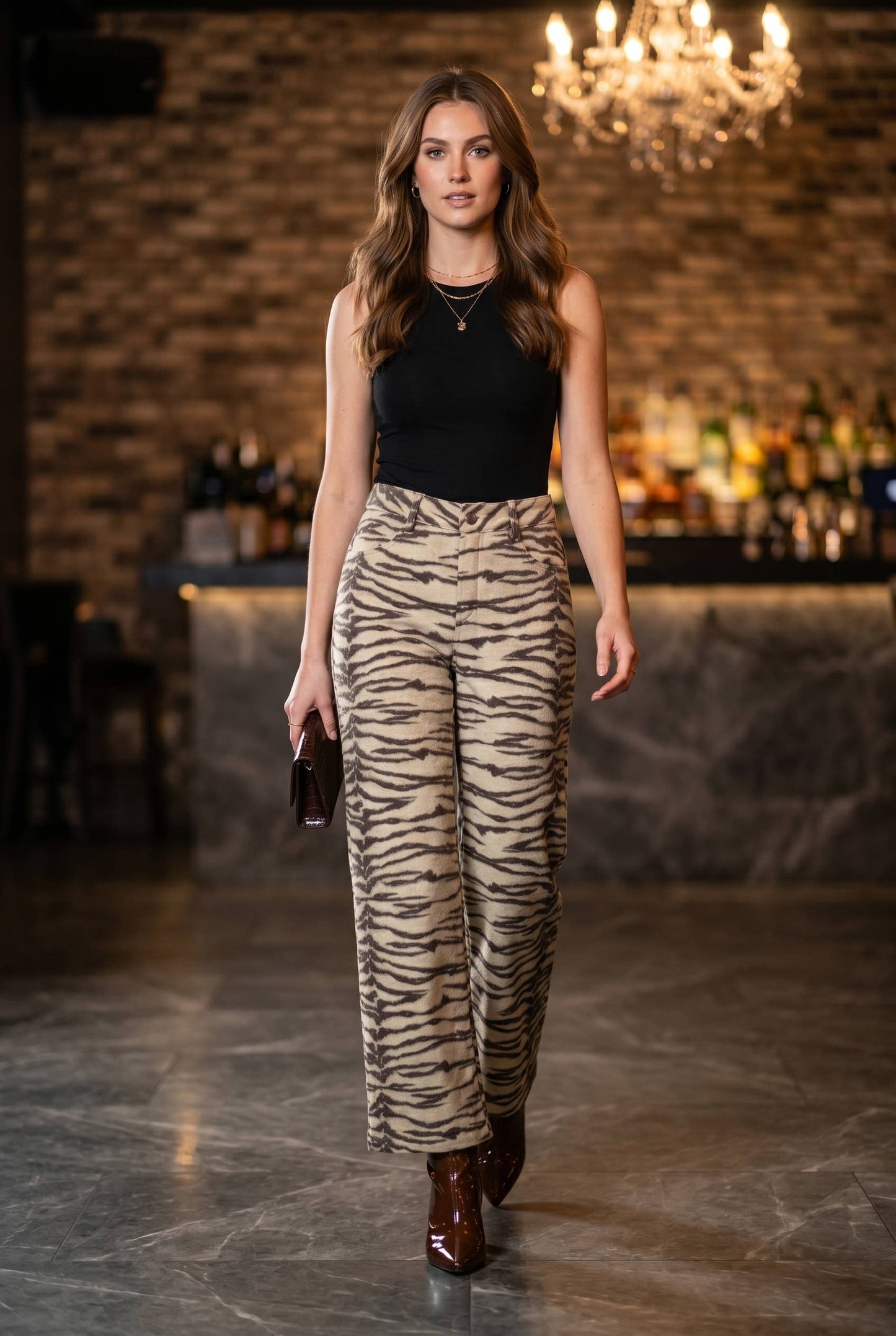 Tiger print cotton twill mid-rise wide leg pants