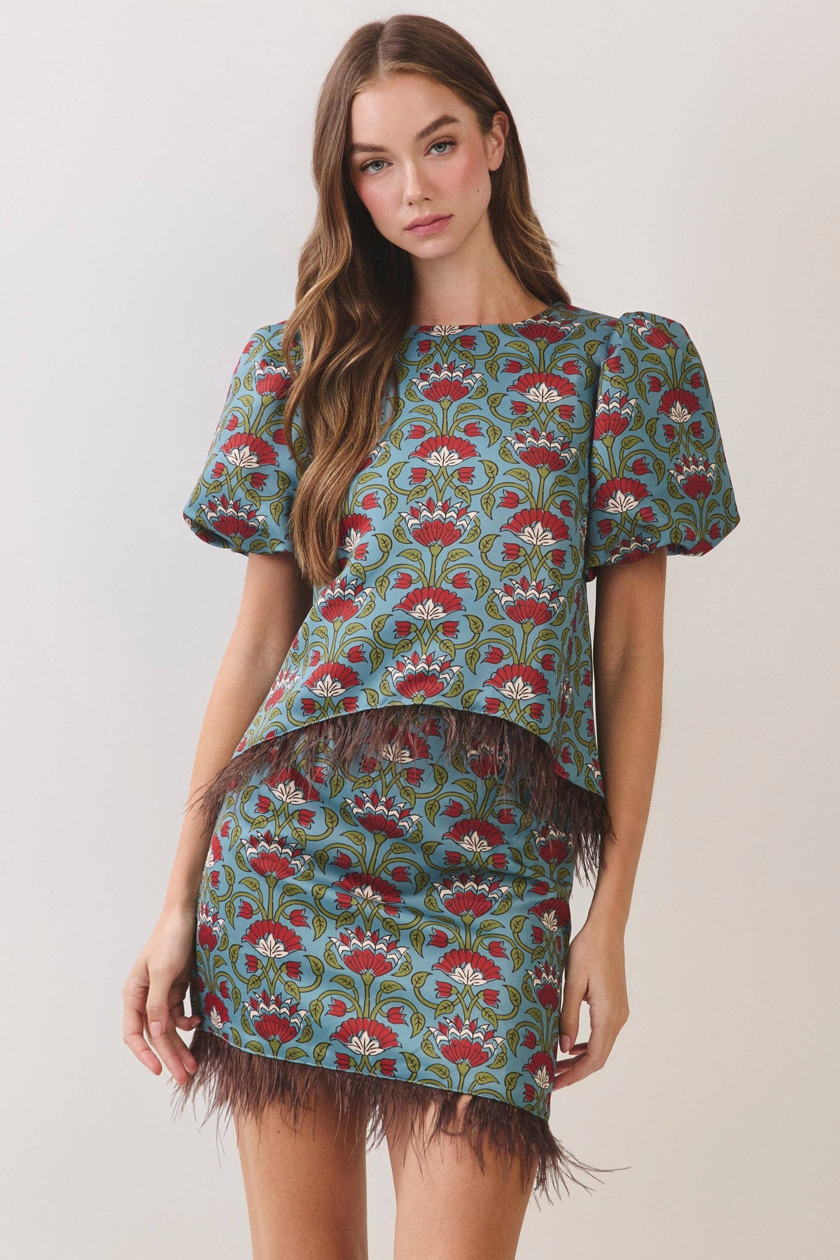 Floral Print Feather Trim Top