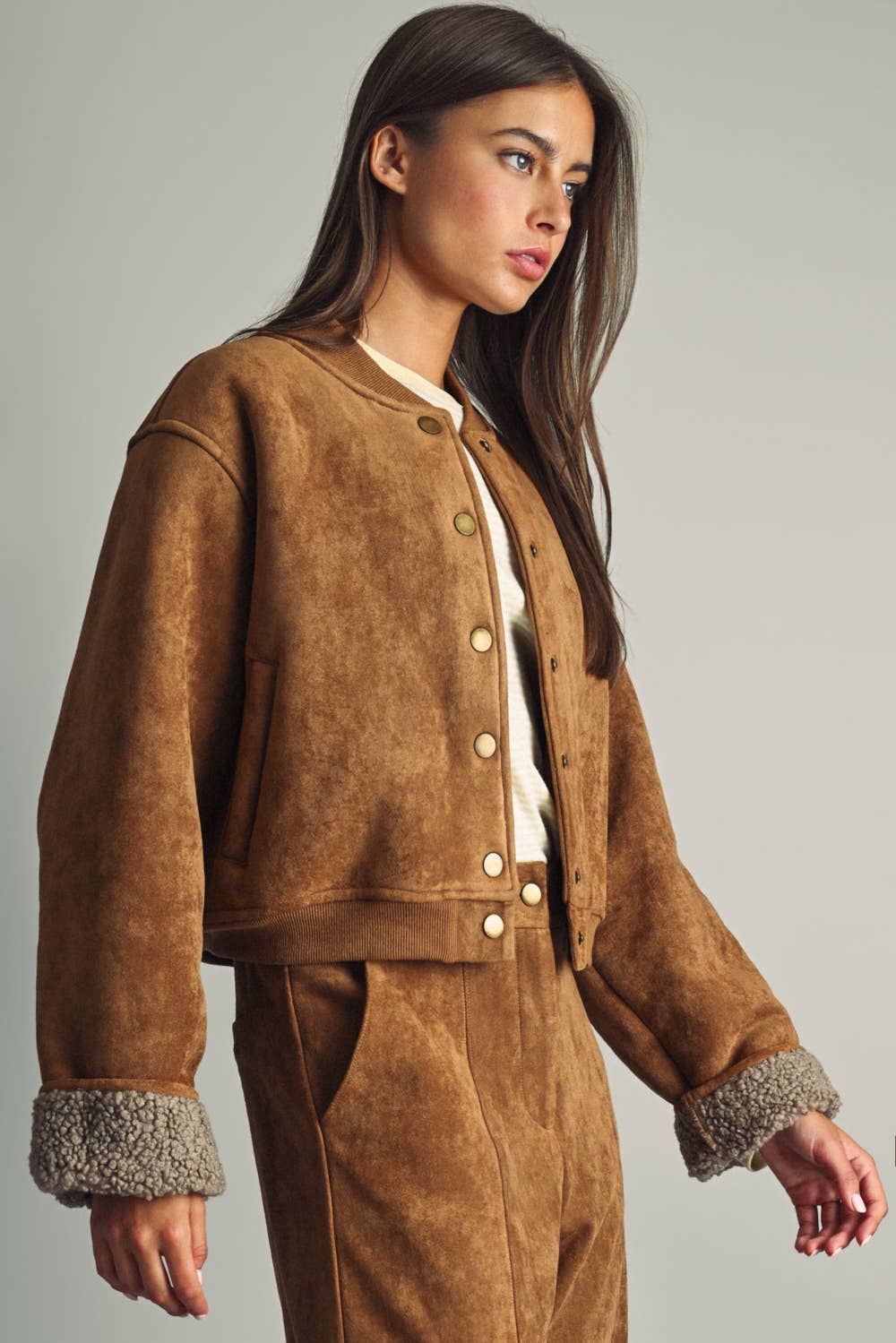 SUEDE SHERPA LINED BOMBER JACKET