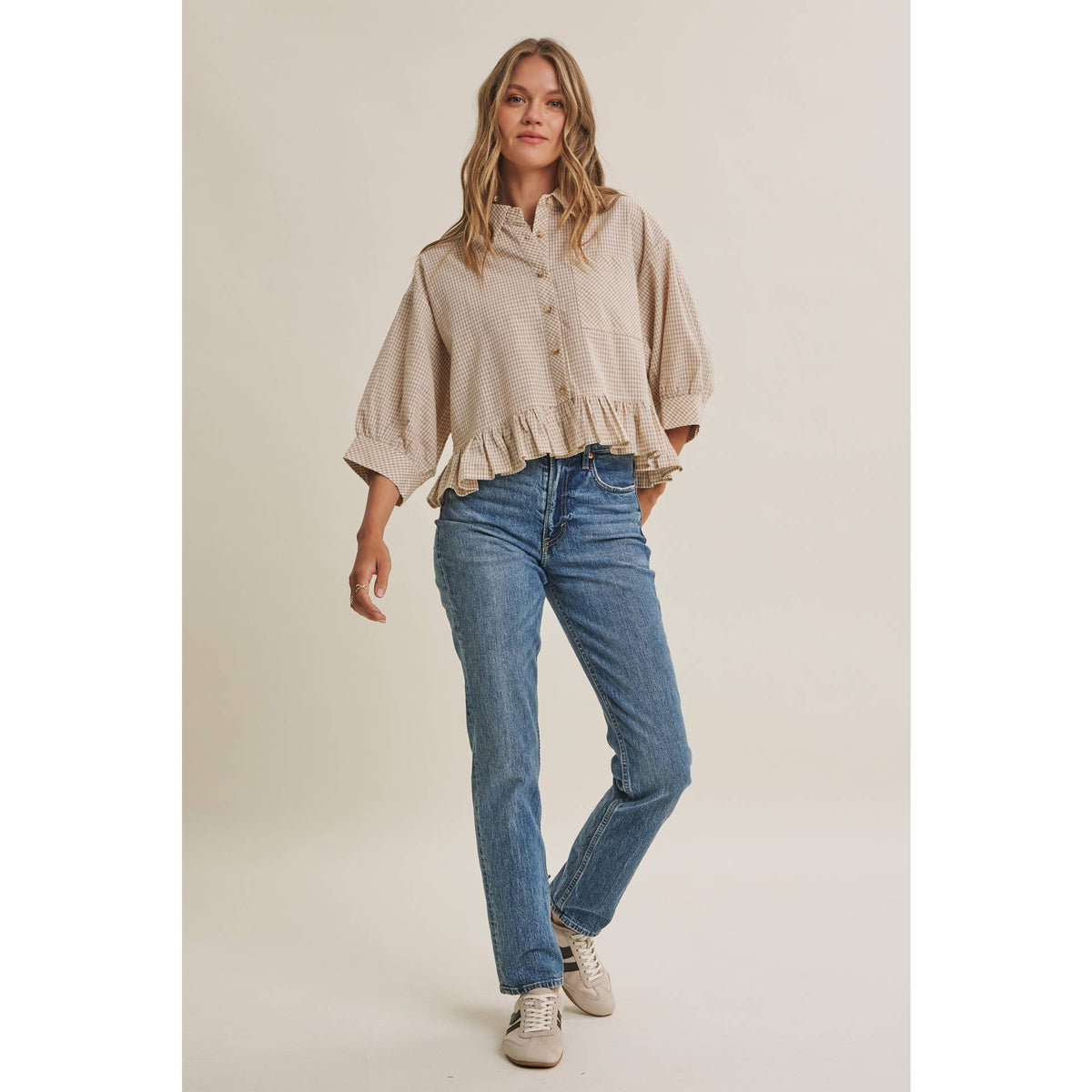 MICRO CHECK RUFFLE HEM BUTTON-DOWN SHIRT