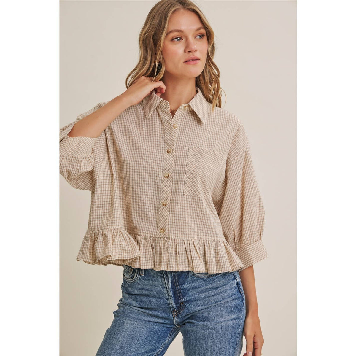 MICRO CHECK RUFFLE HEM BUTTON-DOWN SHIRT