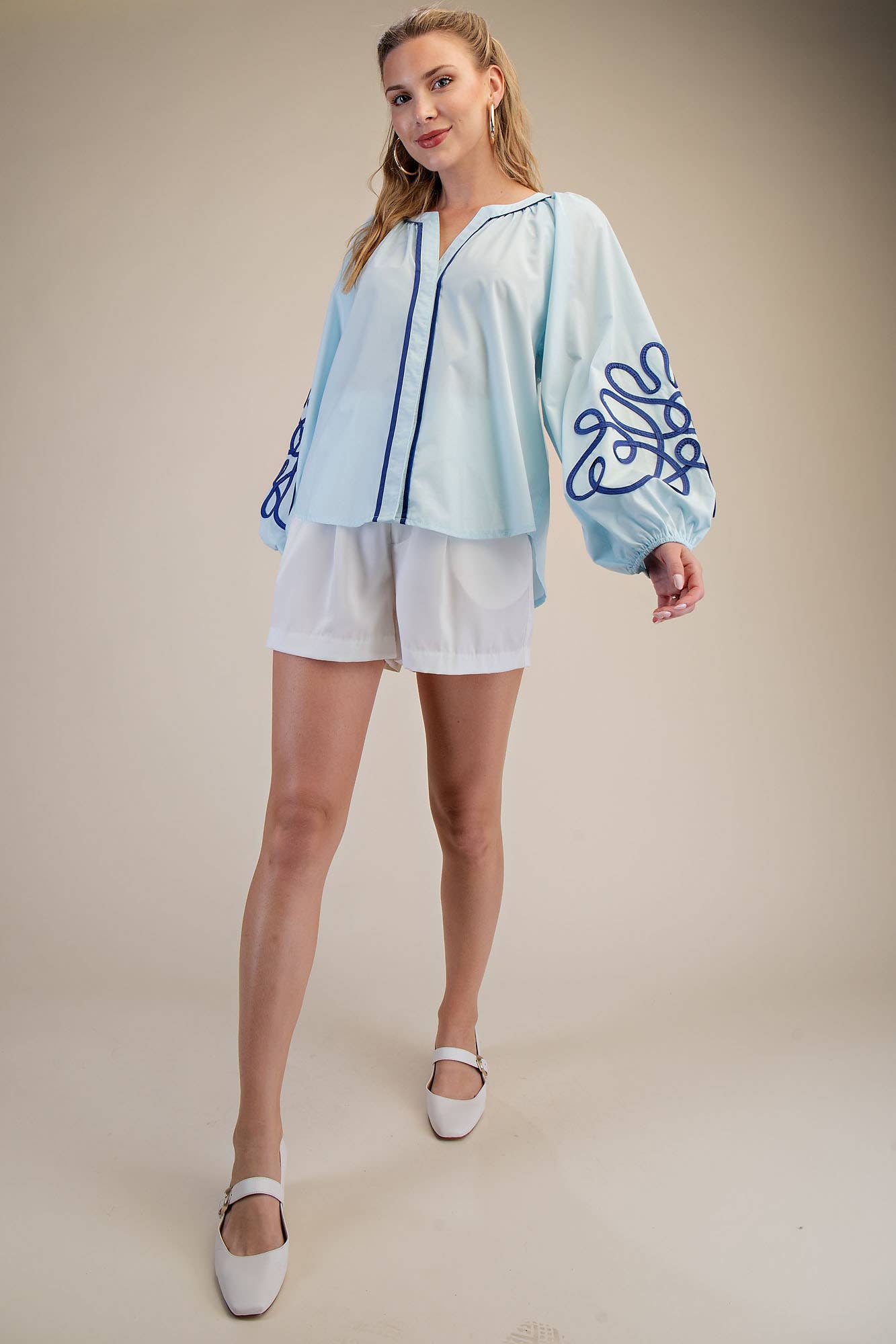 Contrast Detail Puff Sleeve Blouse