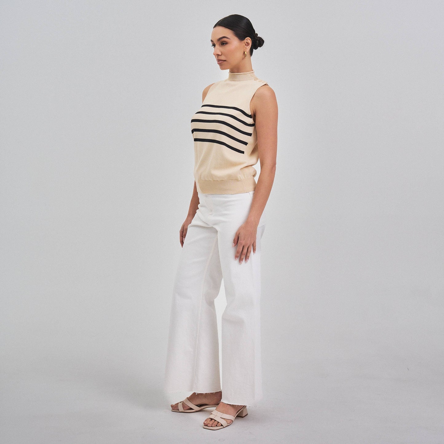 Sleeveless mock neck striped sweater