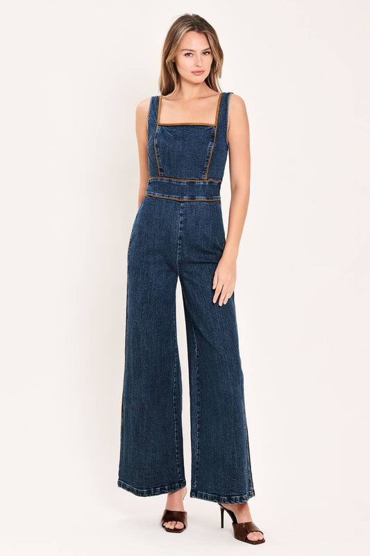 A washed denim jumpsuit