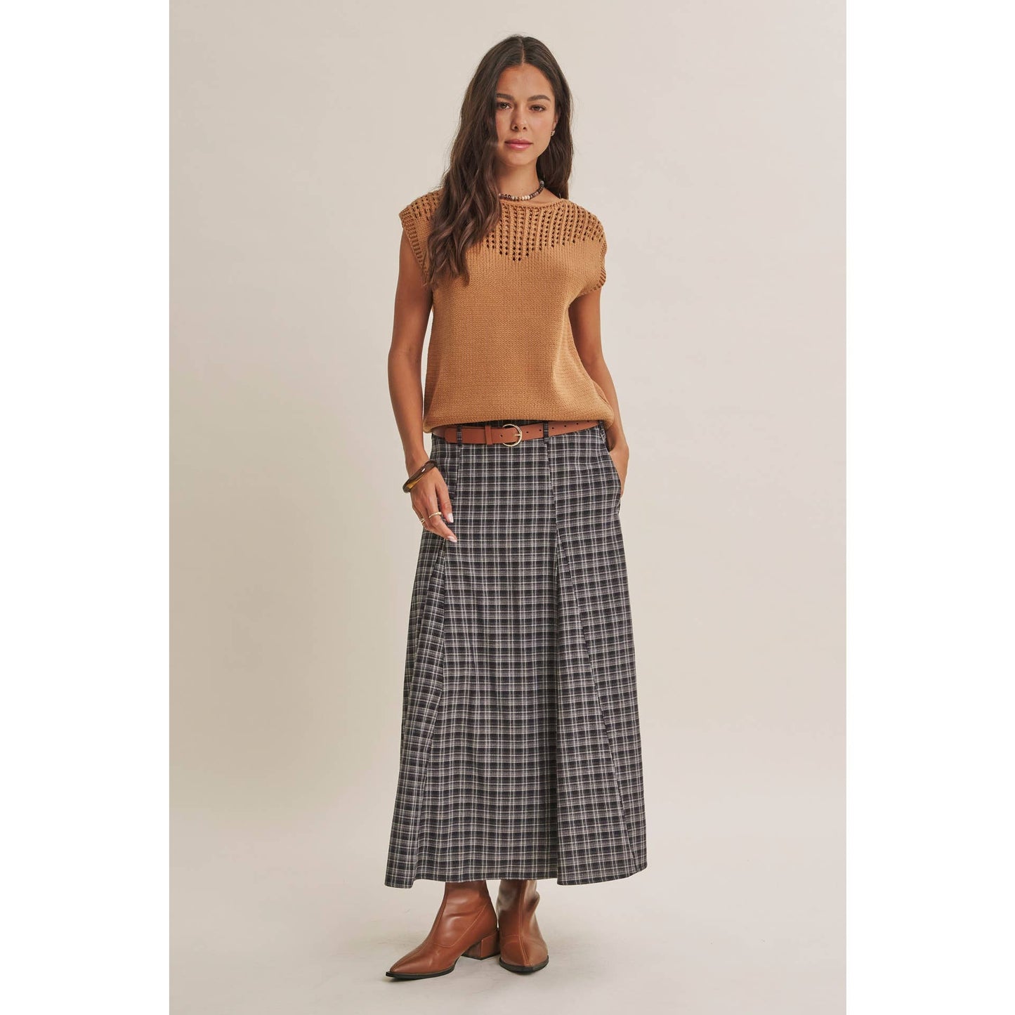 PLAID MAXI SKIRT WITH BELT