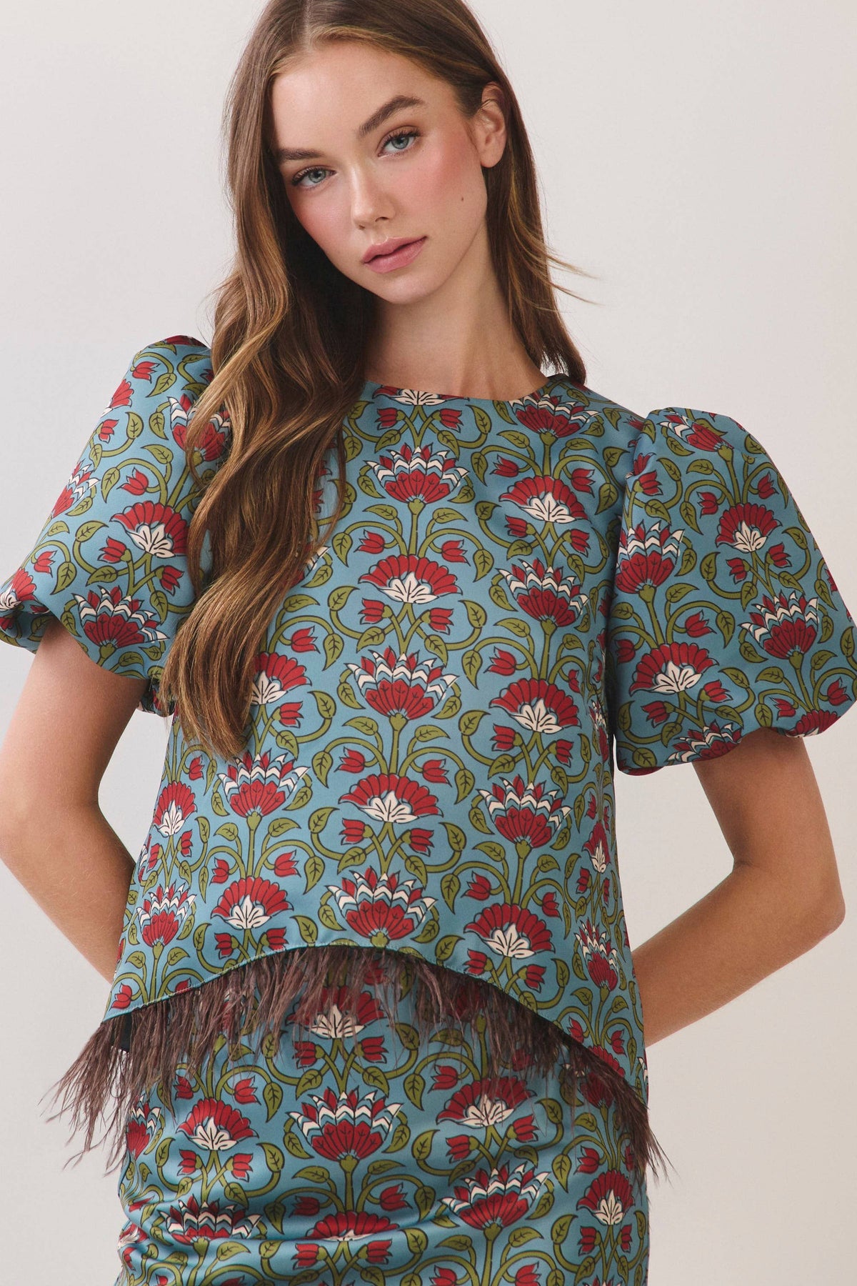 Floral Print Feather Trim Top