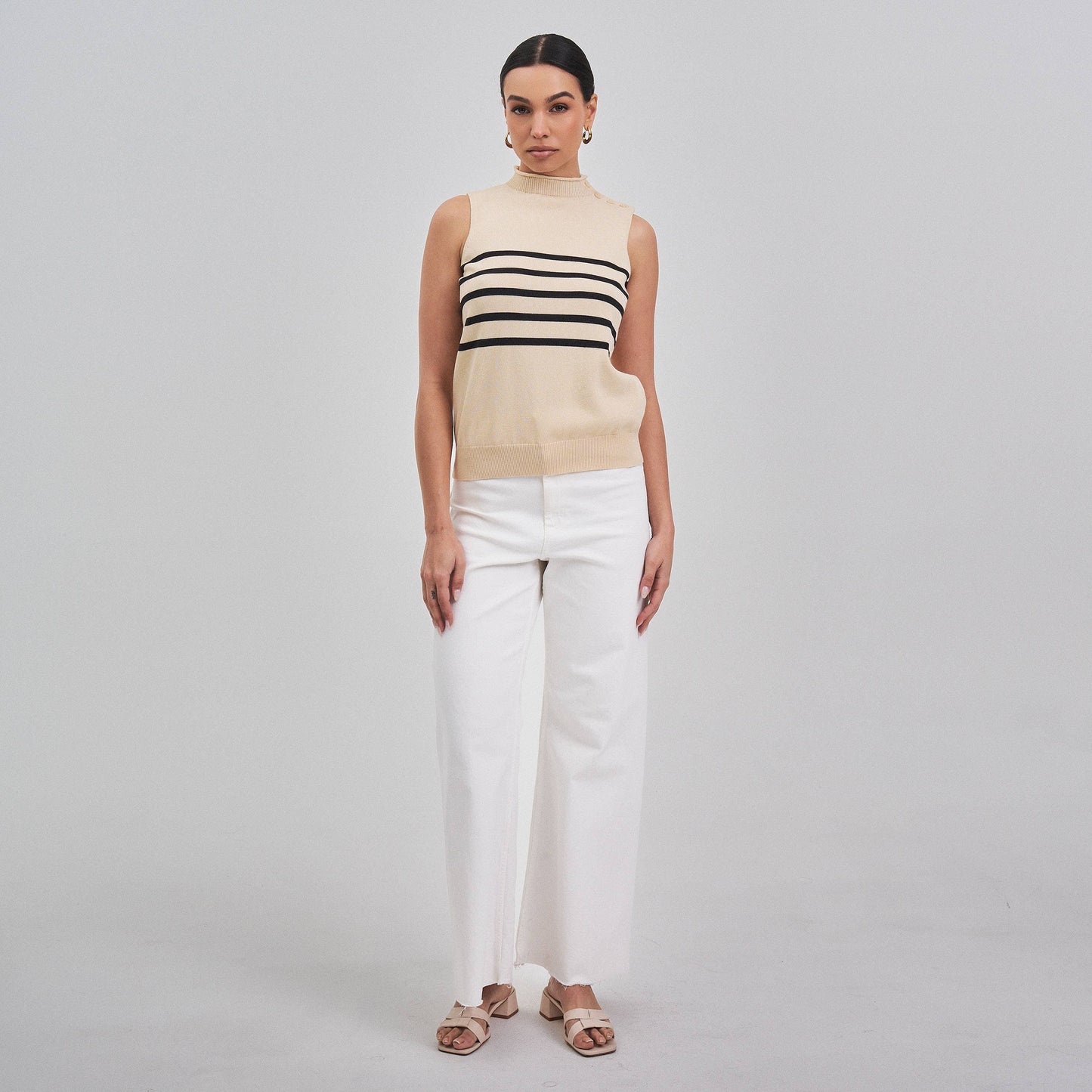 Sleeveless mock neck striped sweater