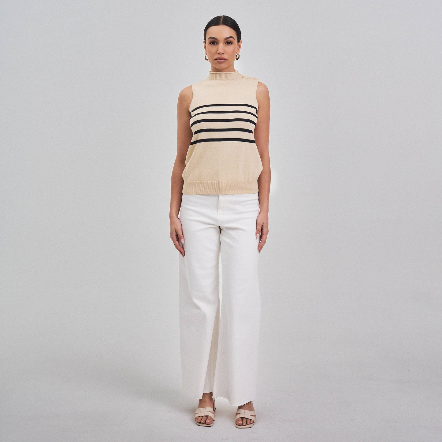 Sleeveless mock neck striped sweater