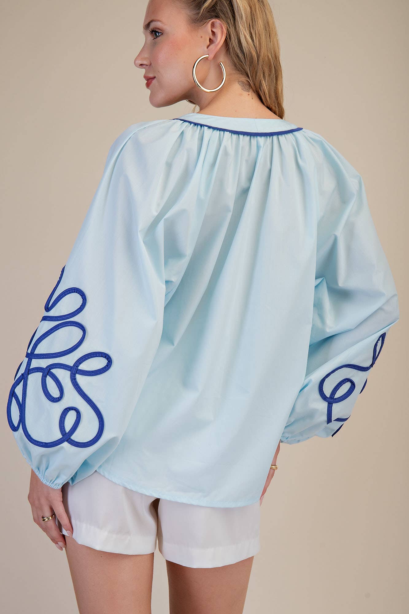 Contrast Detail Puff Sleeve Blouse