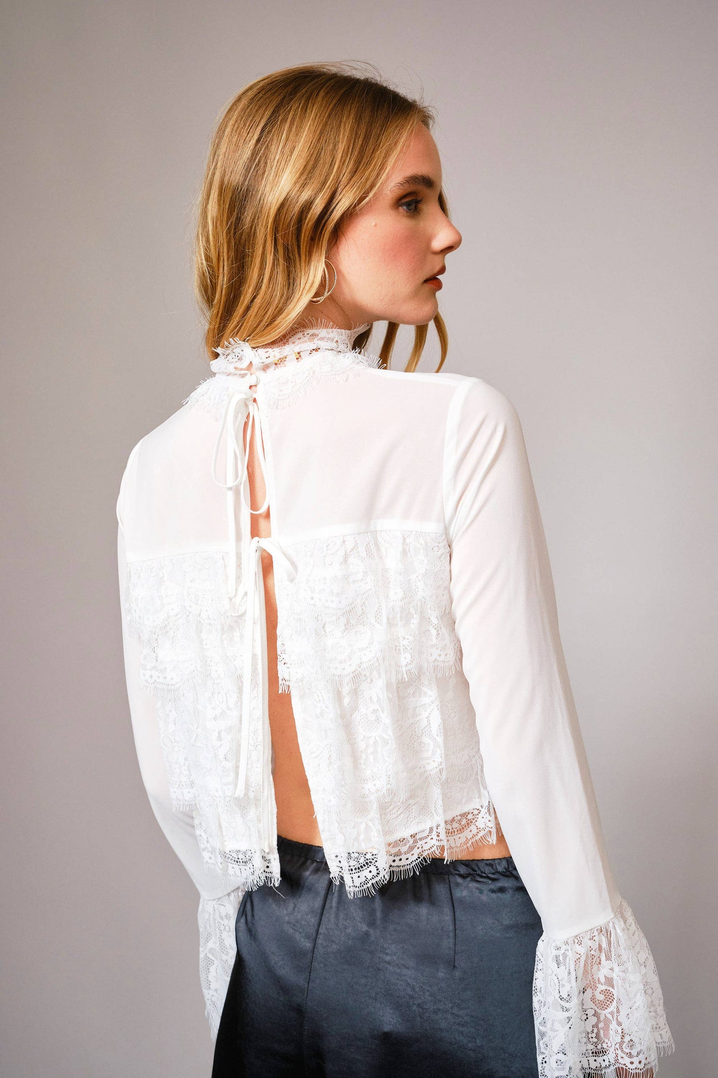 Mock Neck Tiered Lace Bell Sleeve Top