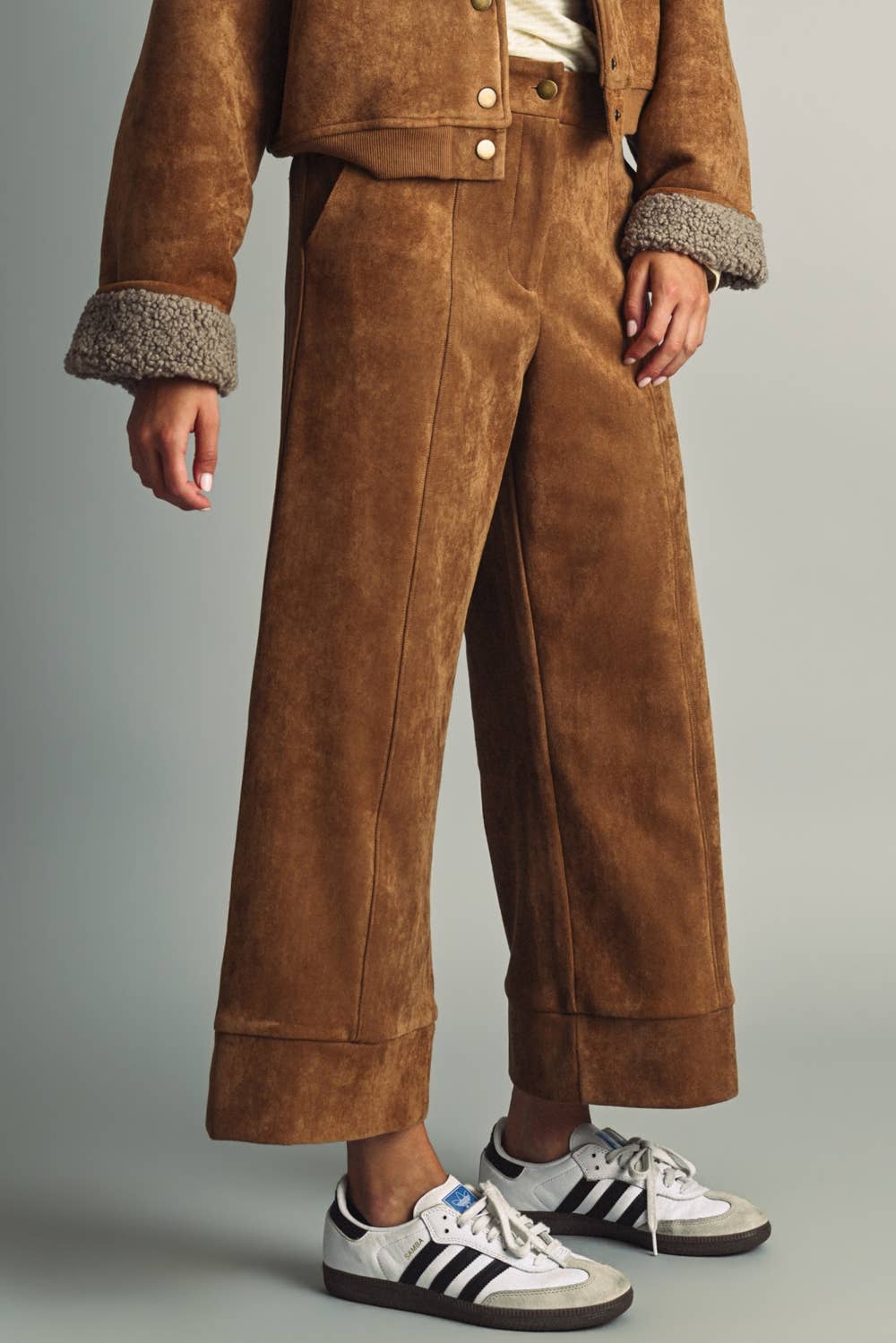 SUEDE STRAIGHT WIDE LEG PANTS