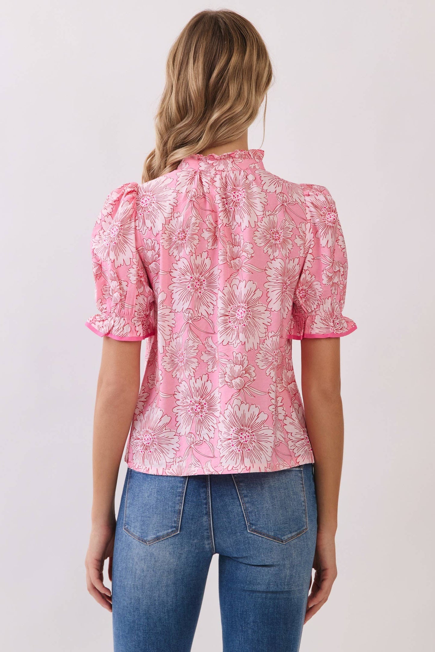 Floral Contrast Piping Detail Puff Sleeve Blouse
