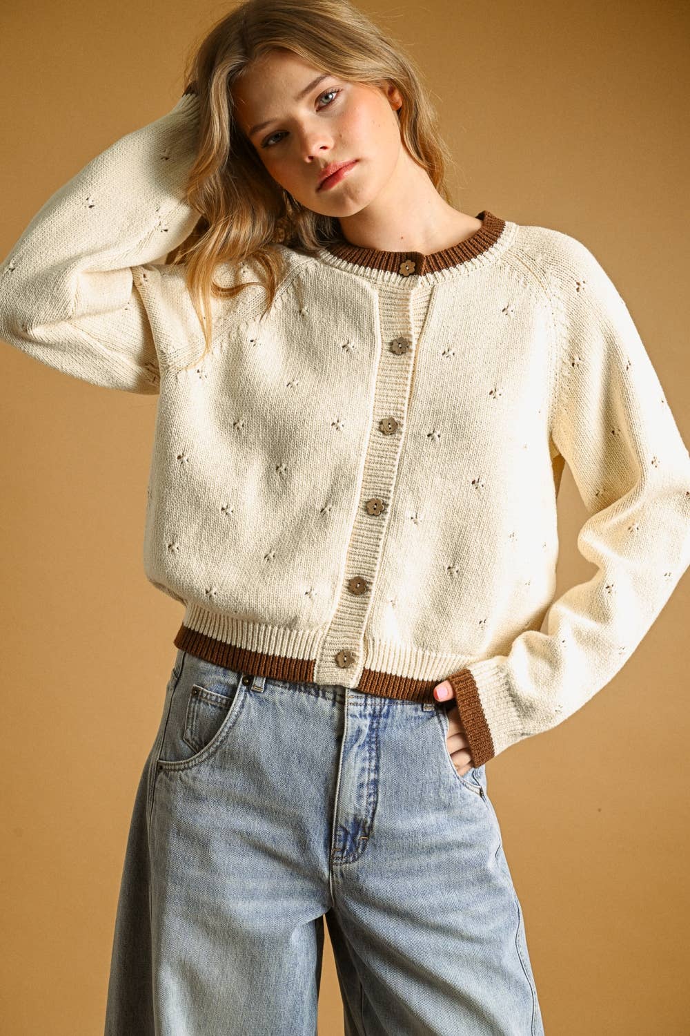 POINTELLE EFFECT KNIT CARDIGAN
