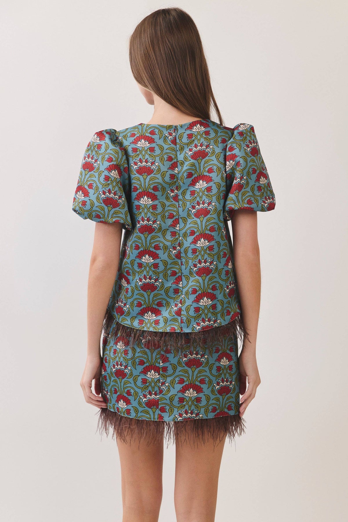 Floral Print Feather Trim Top