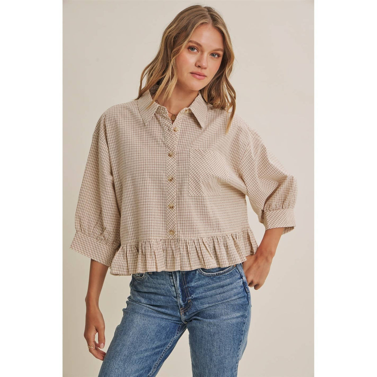 MICRO CHECK RUFFLE HEM BUTTON-DOWN SHIRT