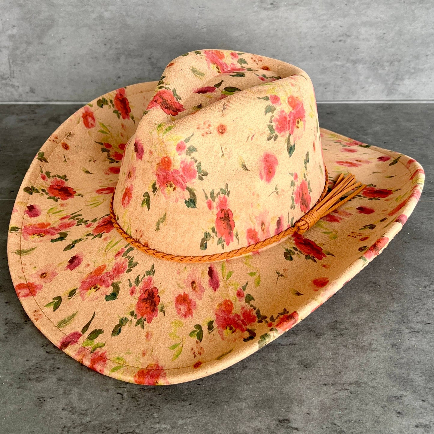 Red Roses Suede Cowboy Hat - Pinched Front
