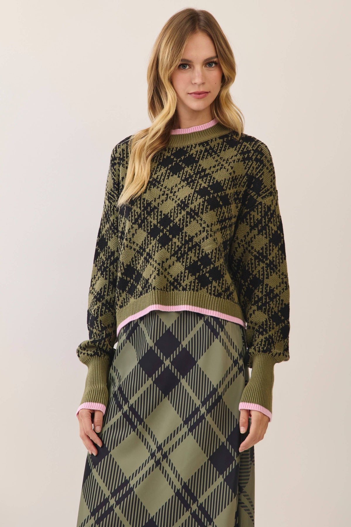Plaid pink trim sweater