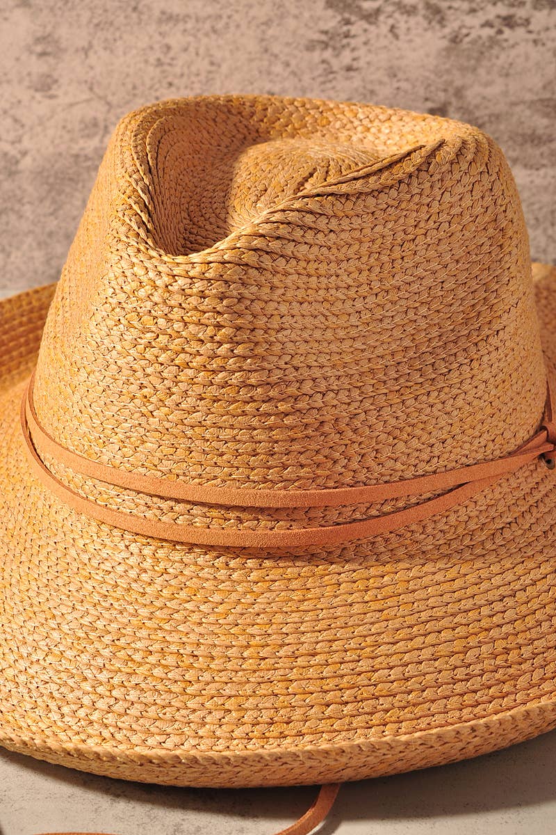 Wide Brim Woven Straw Cowboy Hat with Chin Strap