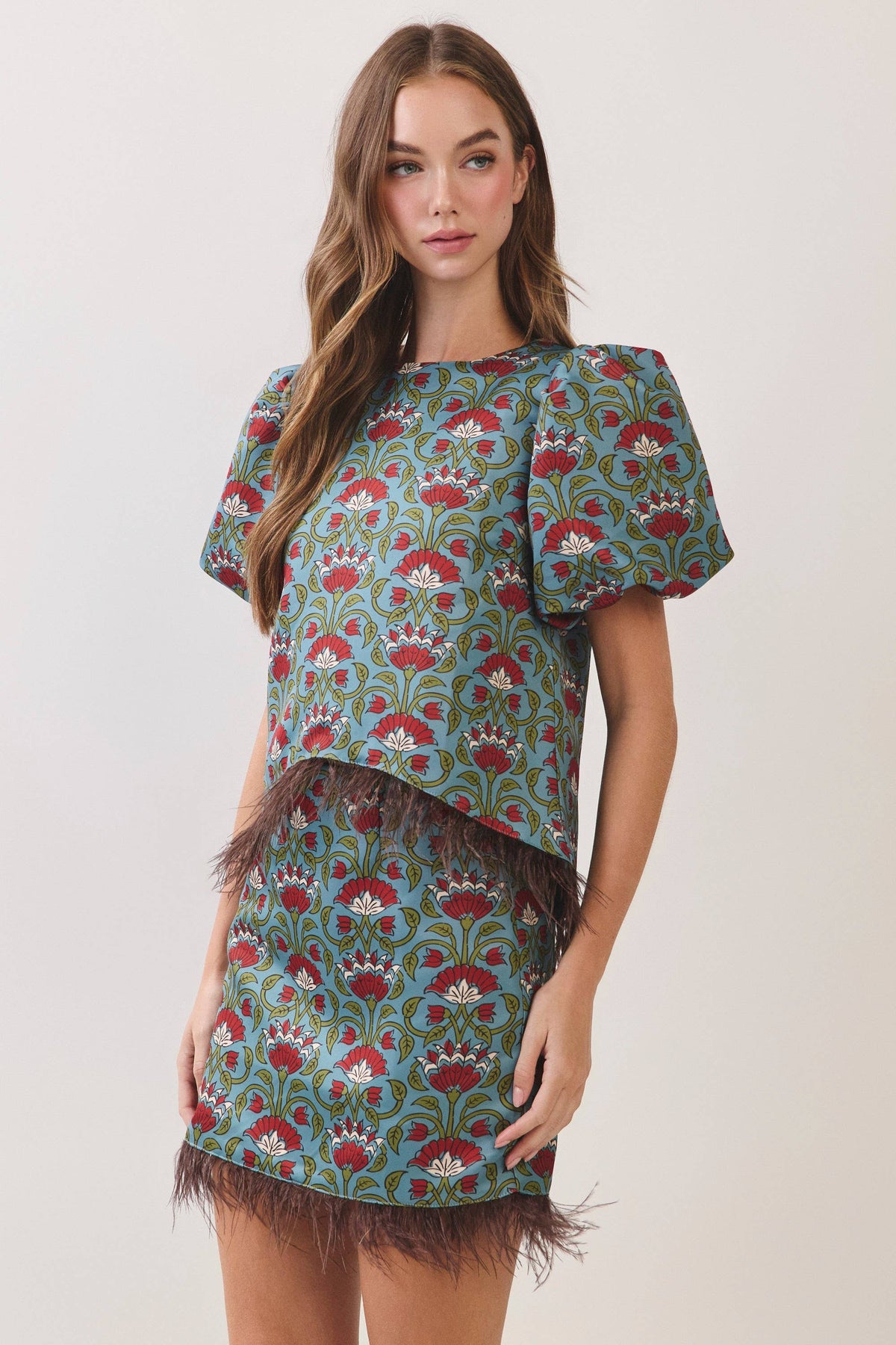Floral Print Feather Trim Top