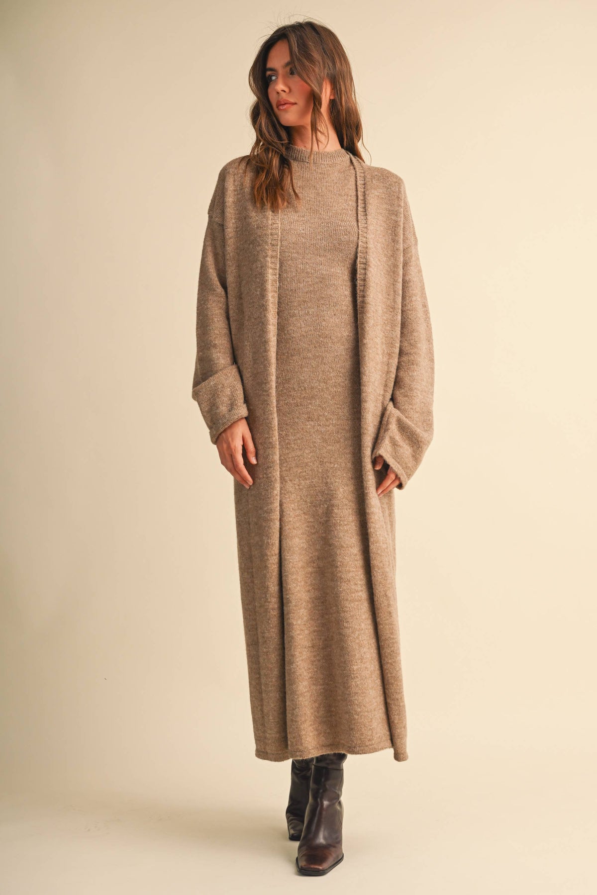 Knitted Cap Sleeve Sweater Dress and Cardigan Set