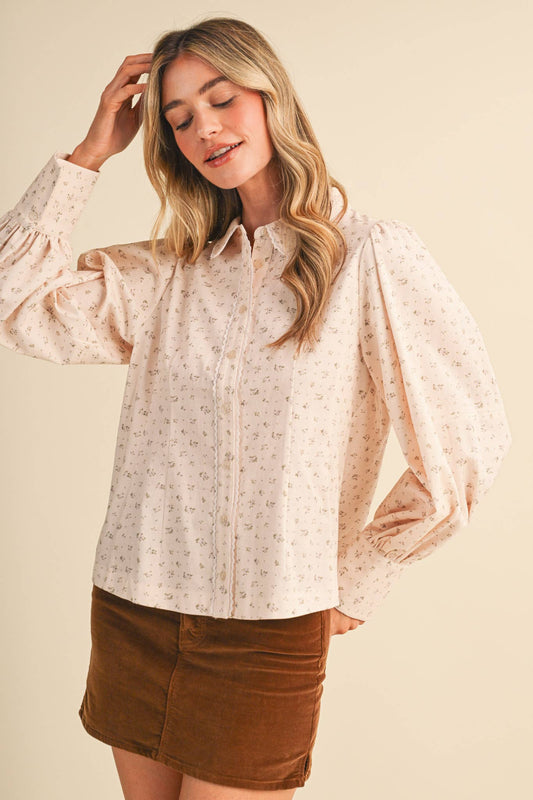 FLORAL BUTTON UP WITH LACE TRIM