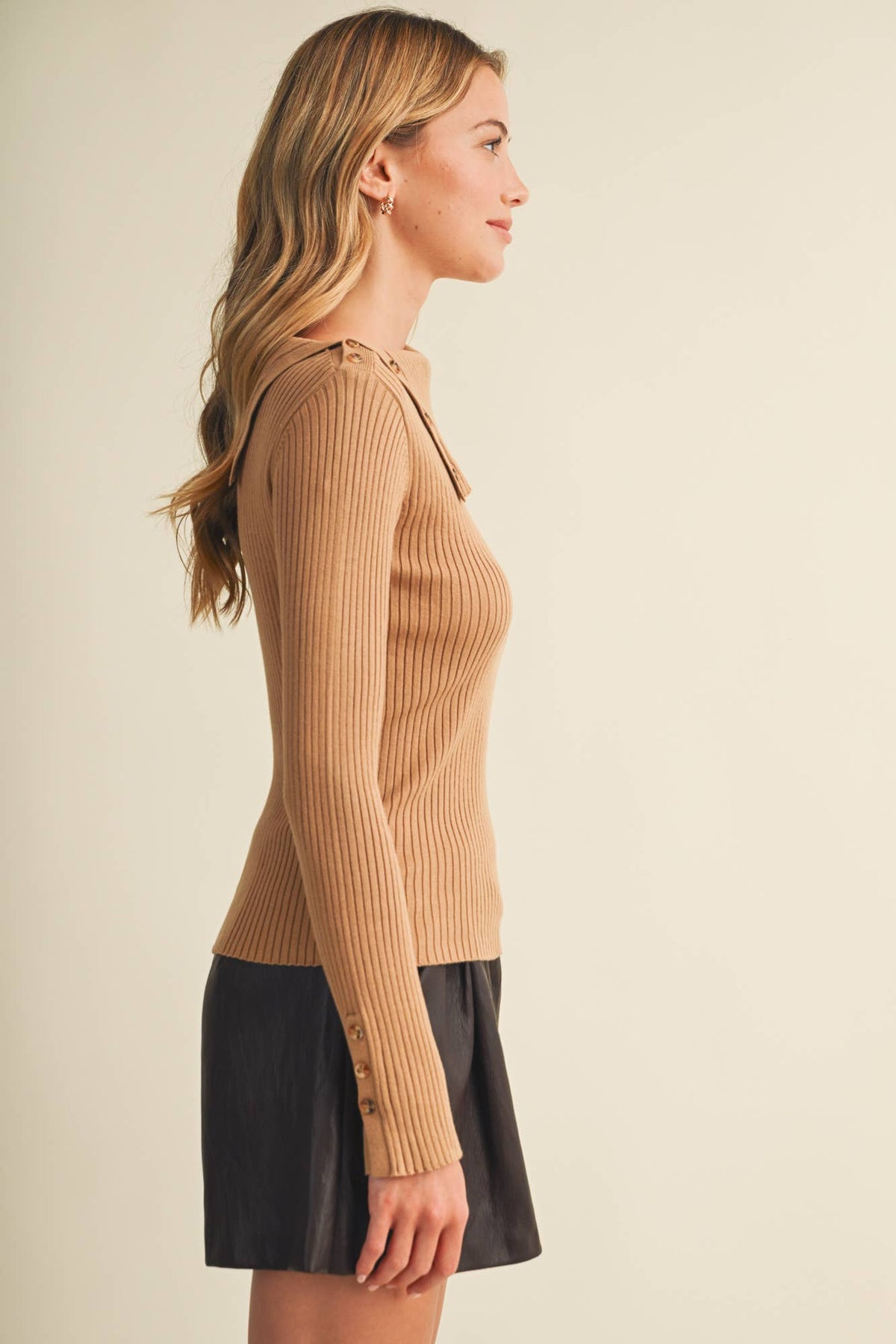 Asymmetric Fold-Over Neck Button Pullover