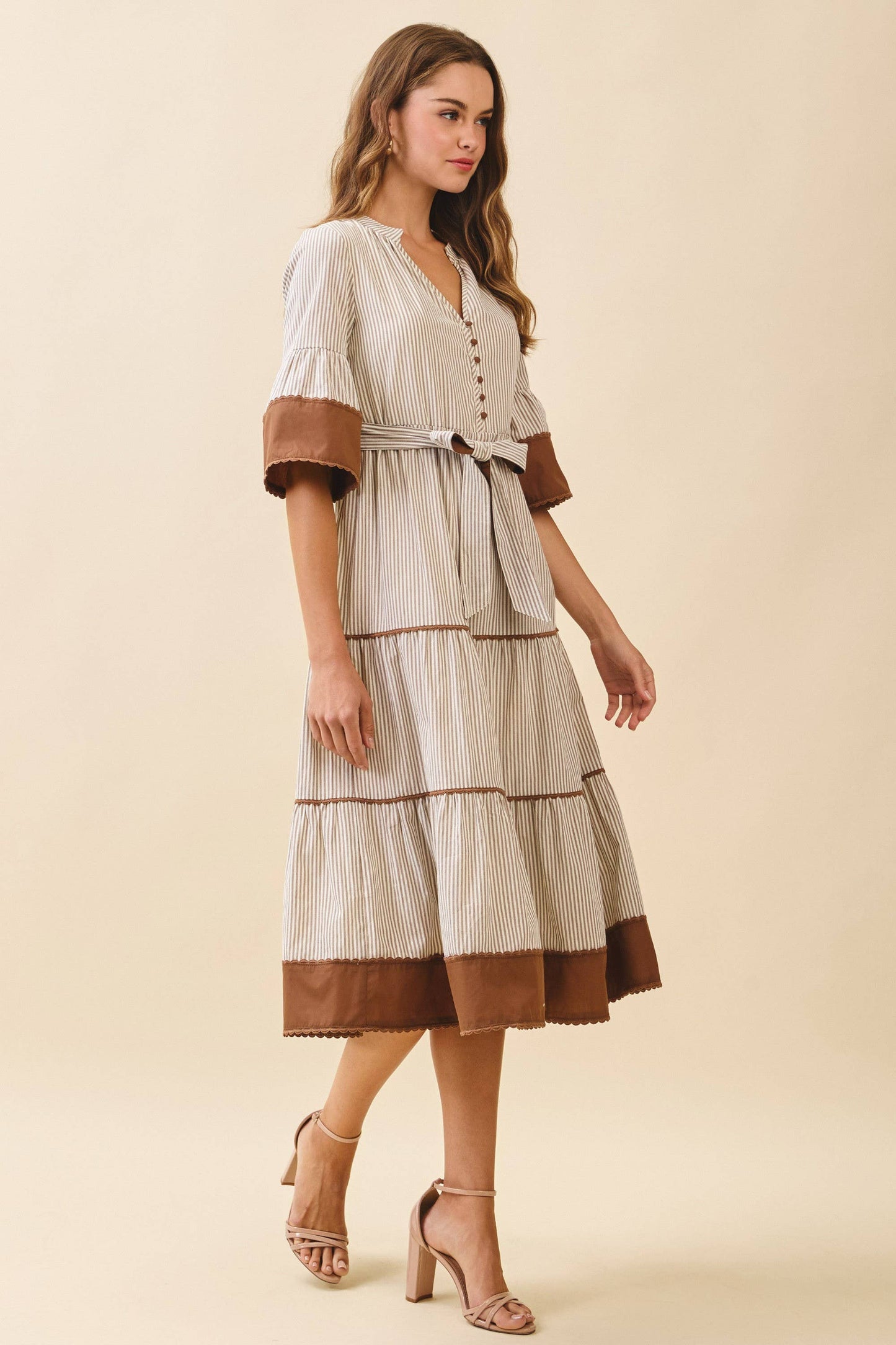 Striped Split Neck Contrast Trim Detail Midi Dress