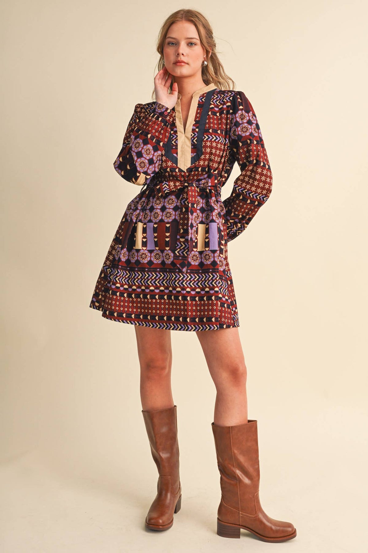PRINT BELTED MINI DRESS
