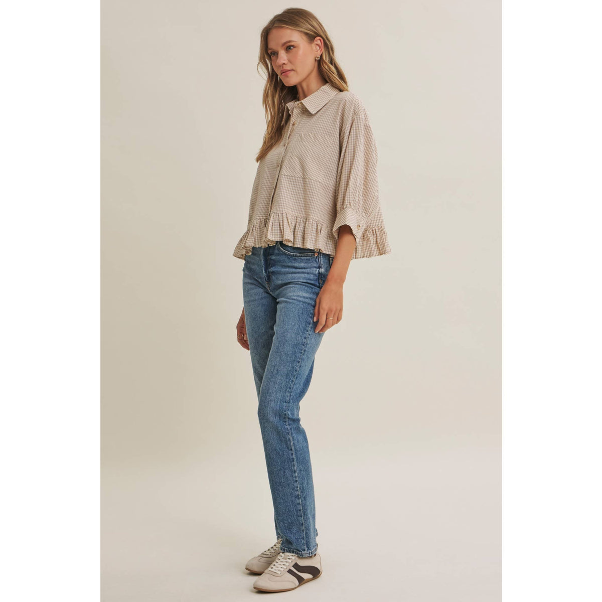 MICRO CHECK RUFFLE HEM BUTTON-DOWN SHIRT