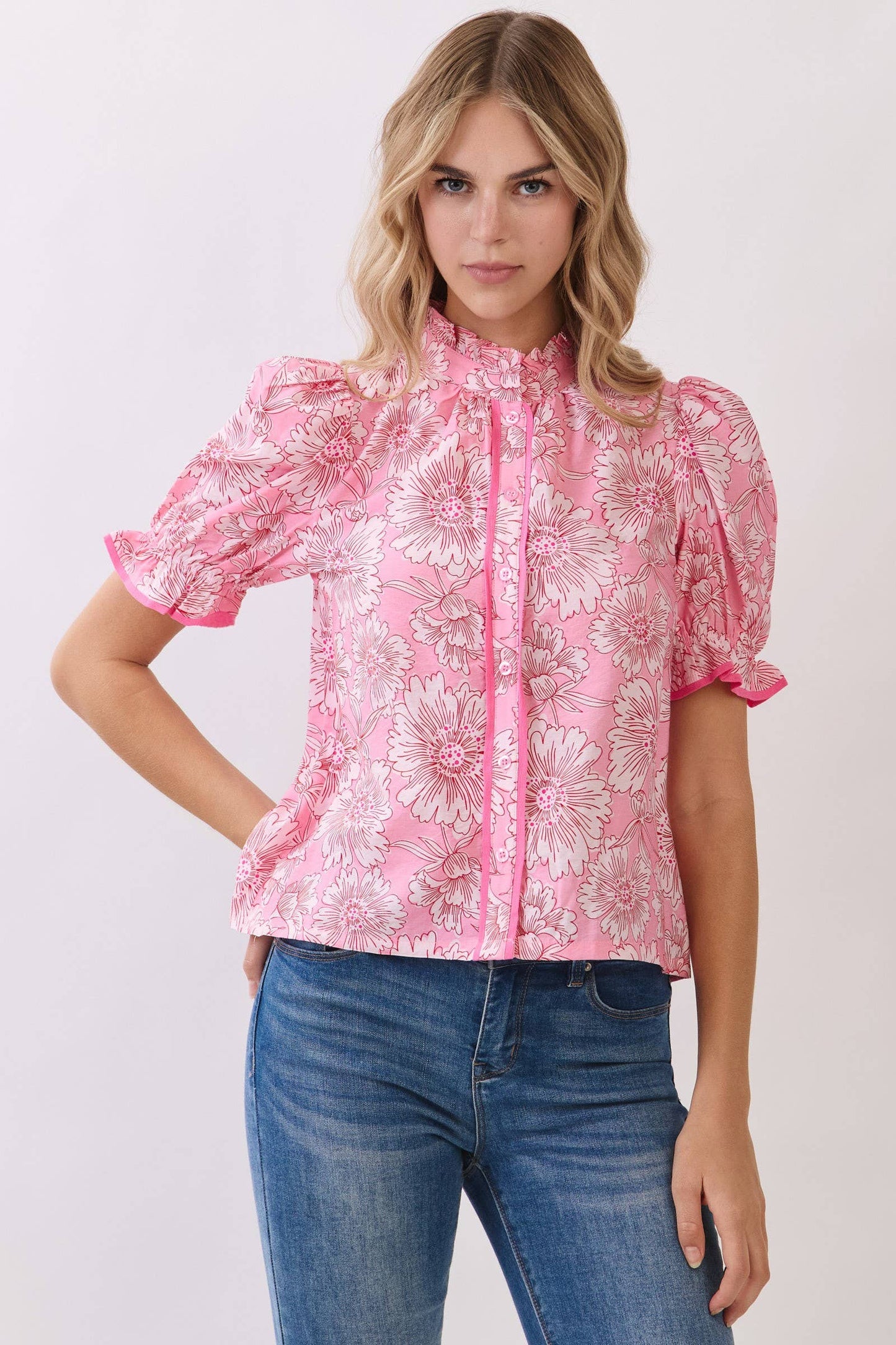 Floral Contrast Piping Detail Puff Sleeve Blouse