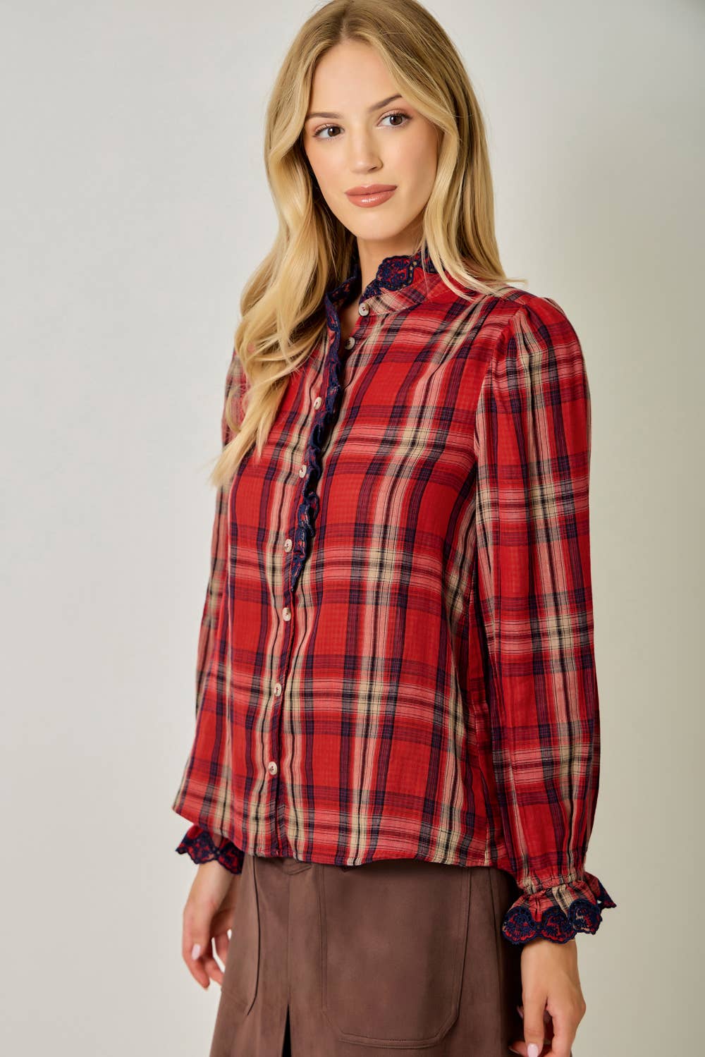 Embroidered Lace Plaid Blouse