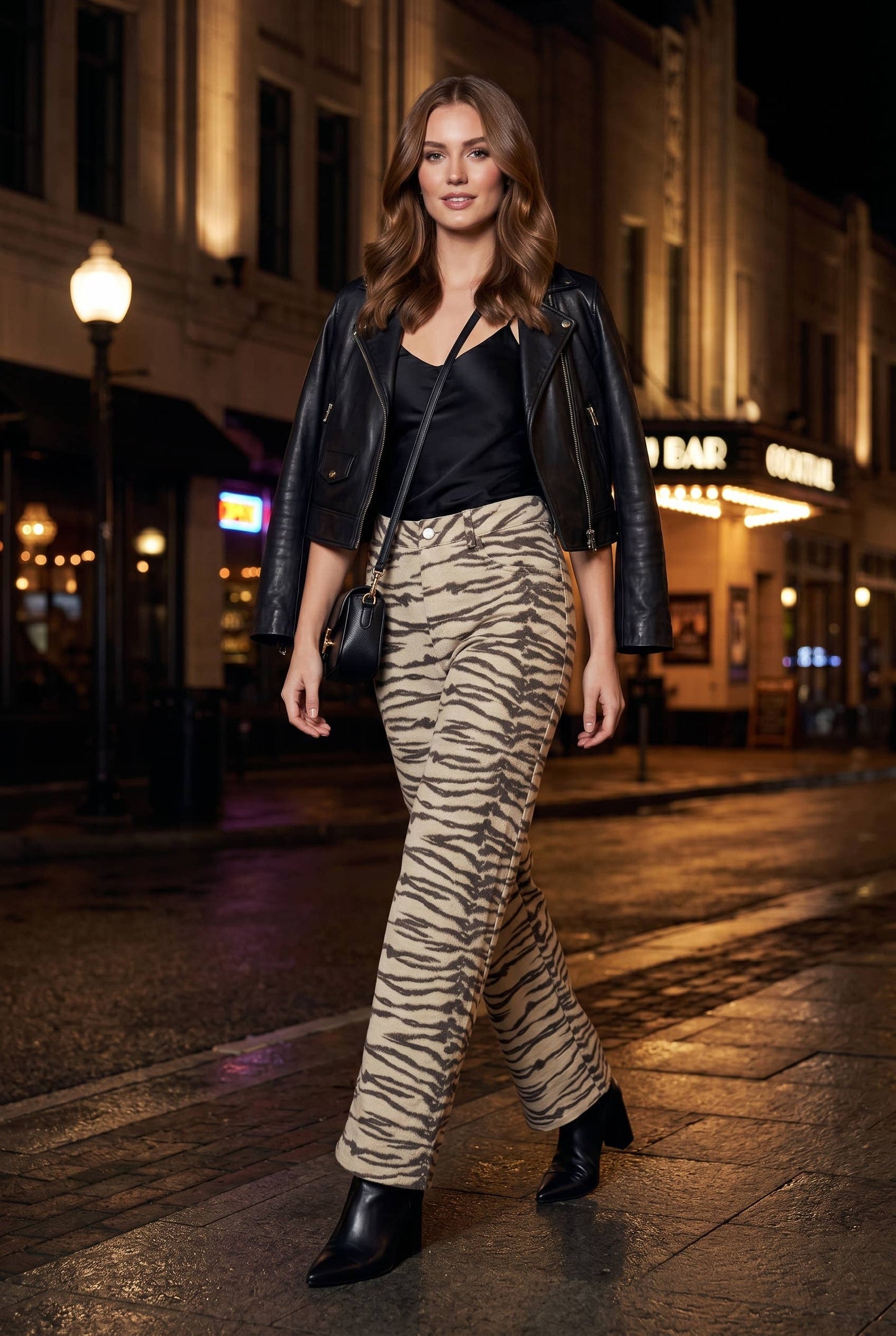 Tiger print cotton twill mid-rise wide leg pants