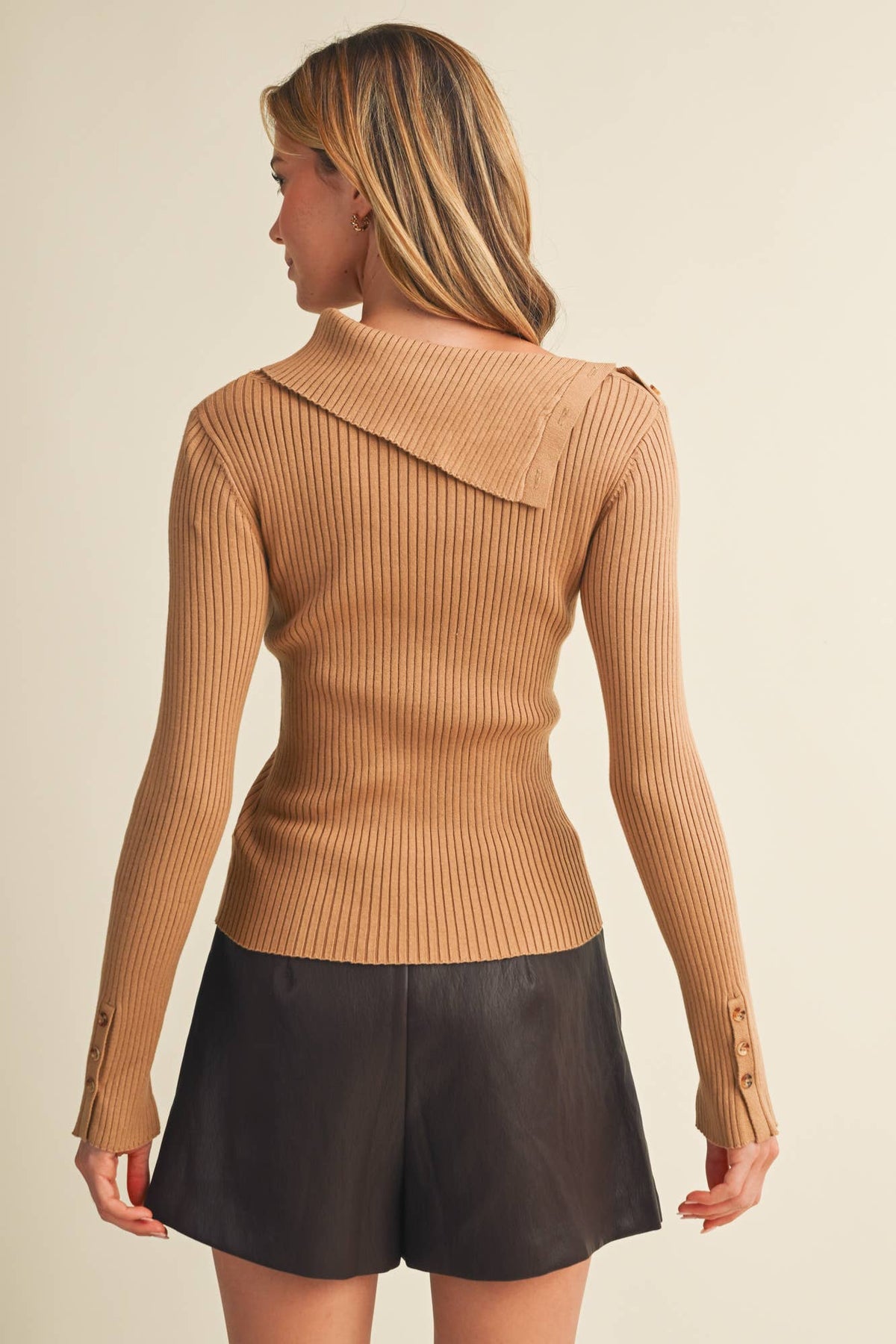 Asymmetric Fold-Over Neck Button Pullover