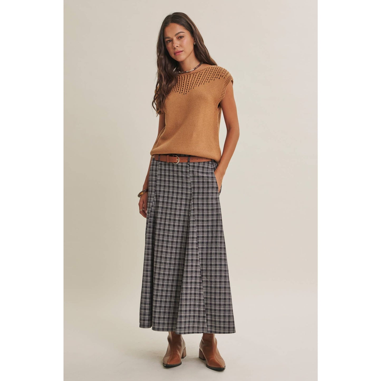 PLAID MAXI SKIRT WITH BELT
