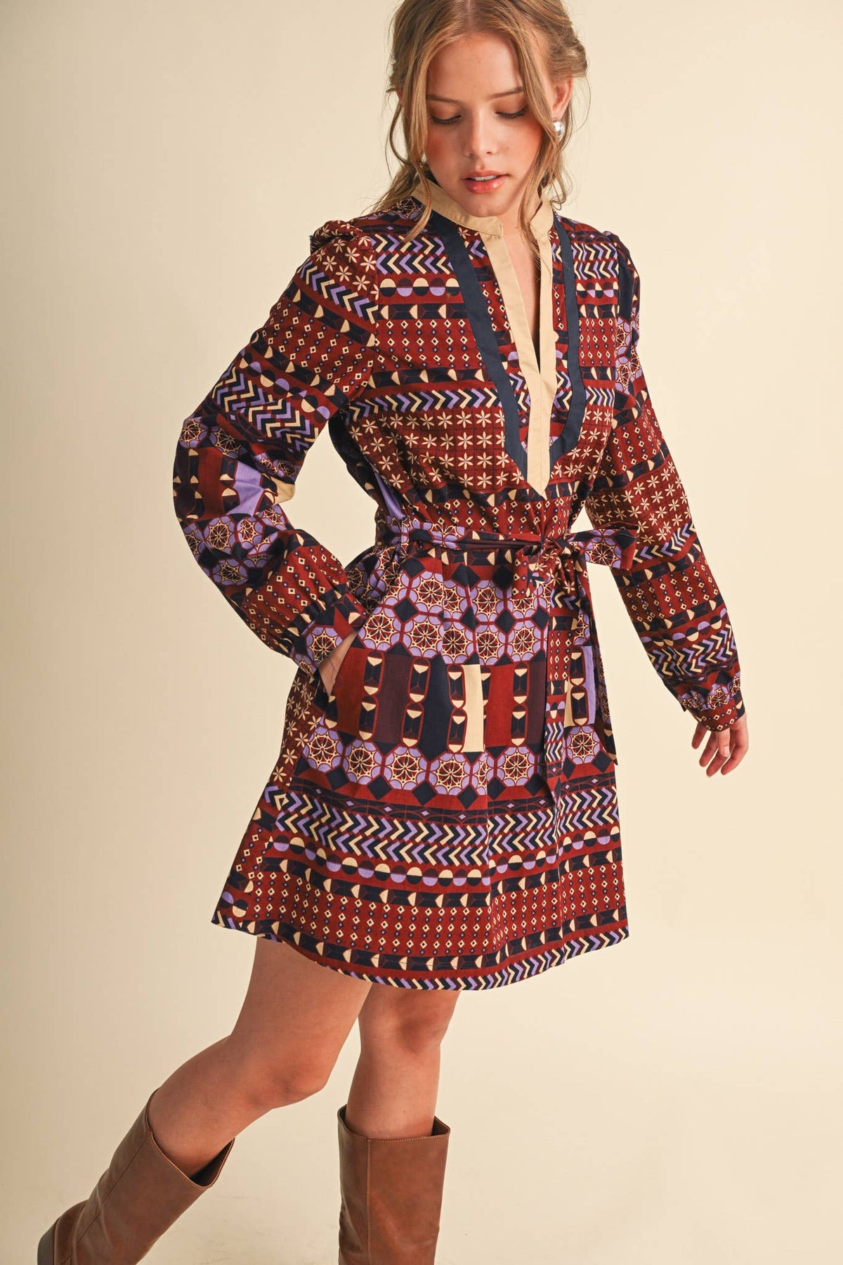 PRINT BELTED MINI DRESS