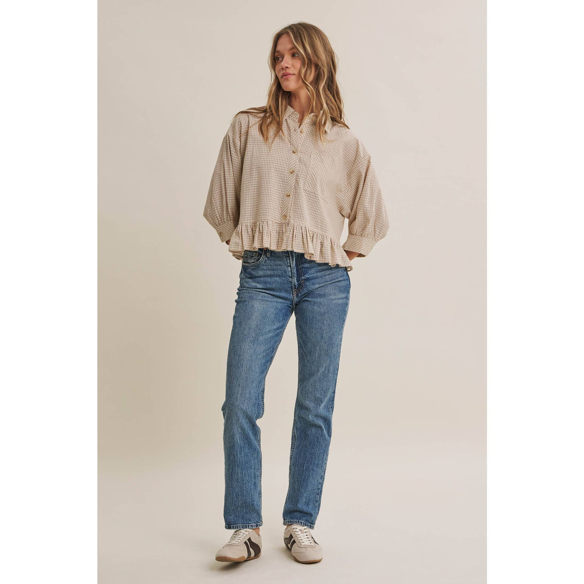 MICRO CHECK RUFFLE HEM BUTTON-DOWN SHIRT