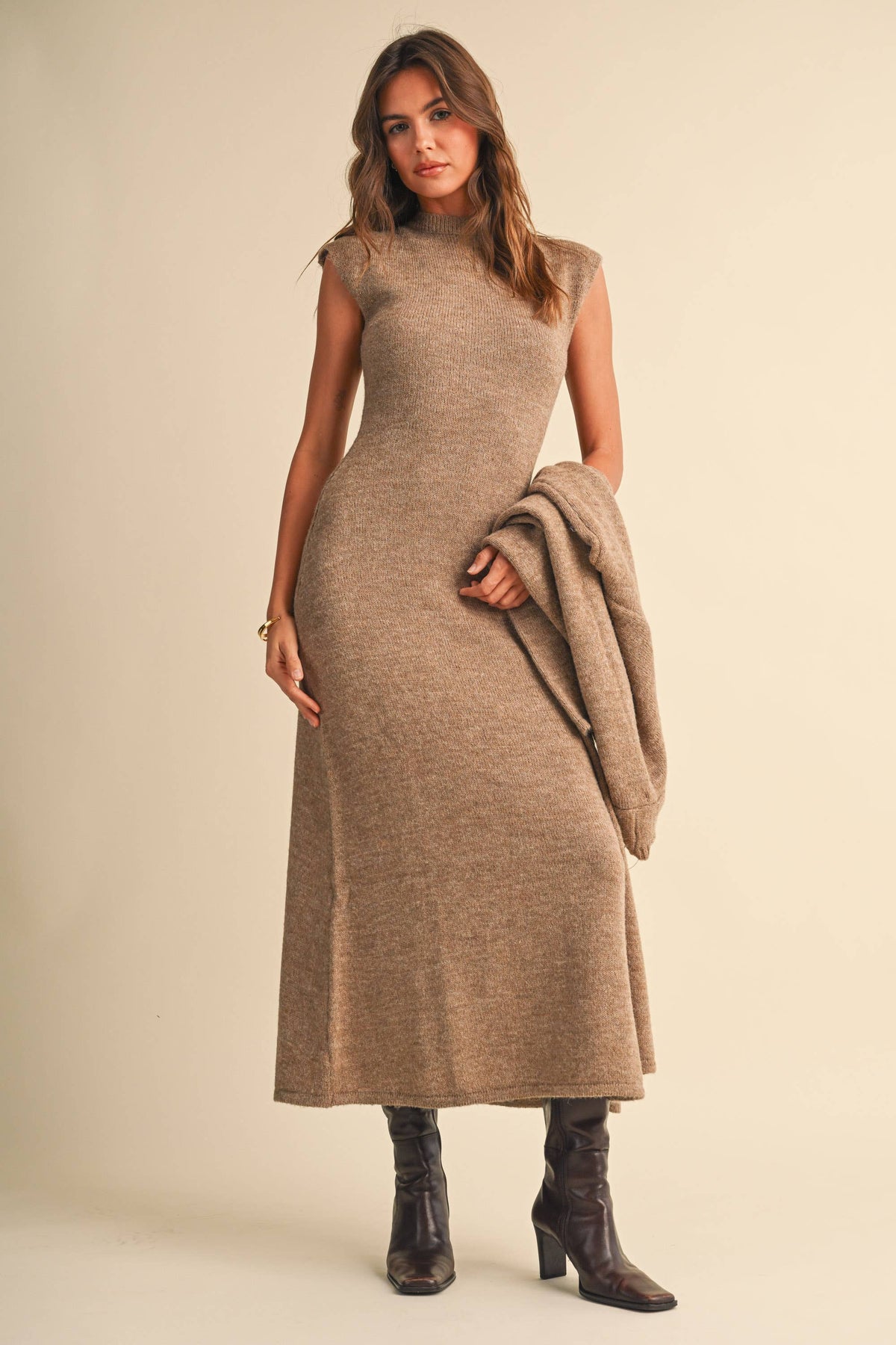 Knitted Cap Sleeve Sweater Dress and Cardigan Set