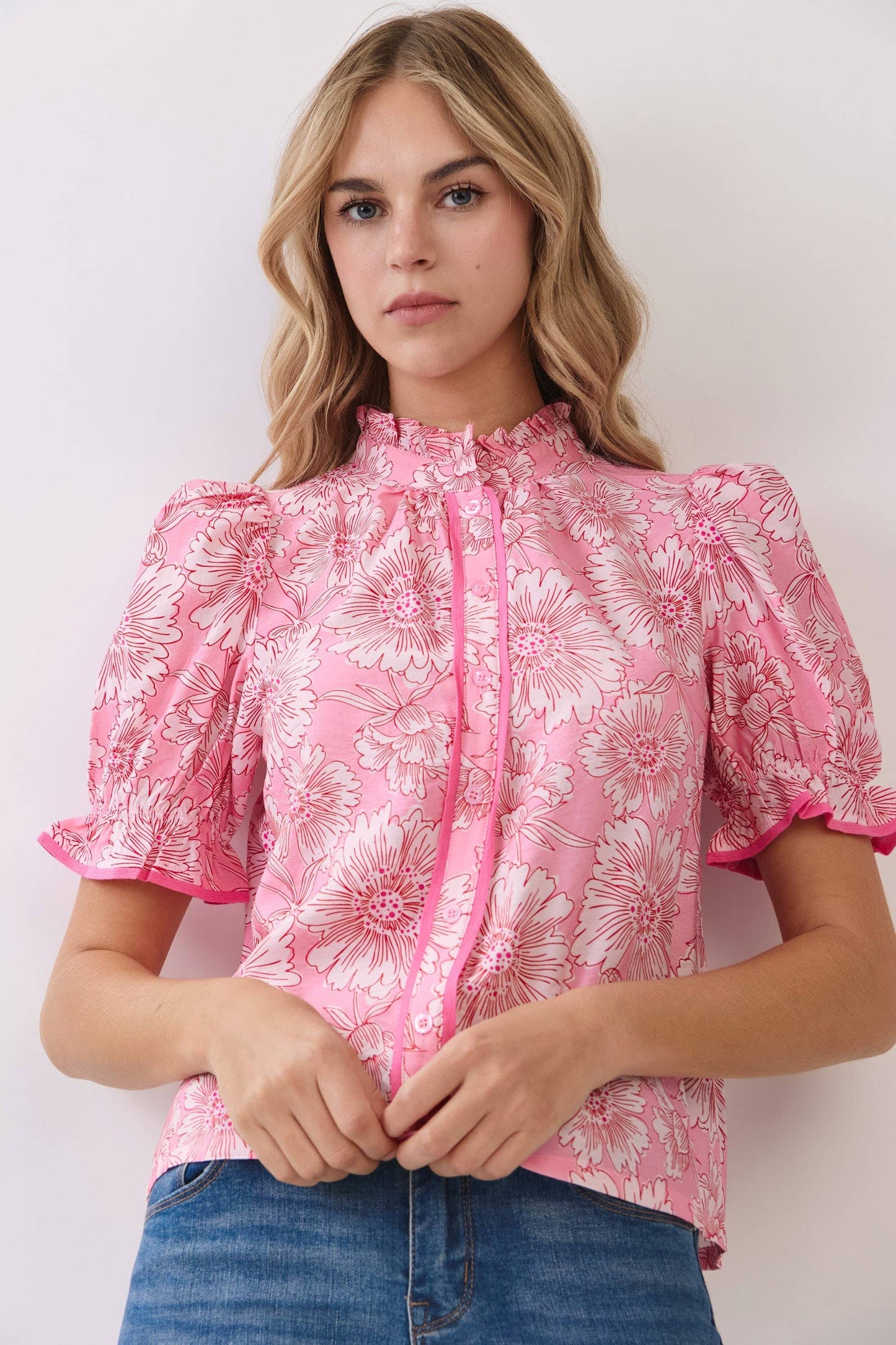Floral Contrast Piping Detail Puff Sleeve Blouse