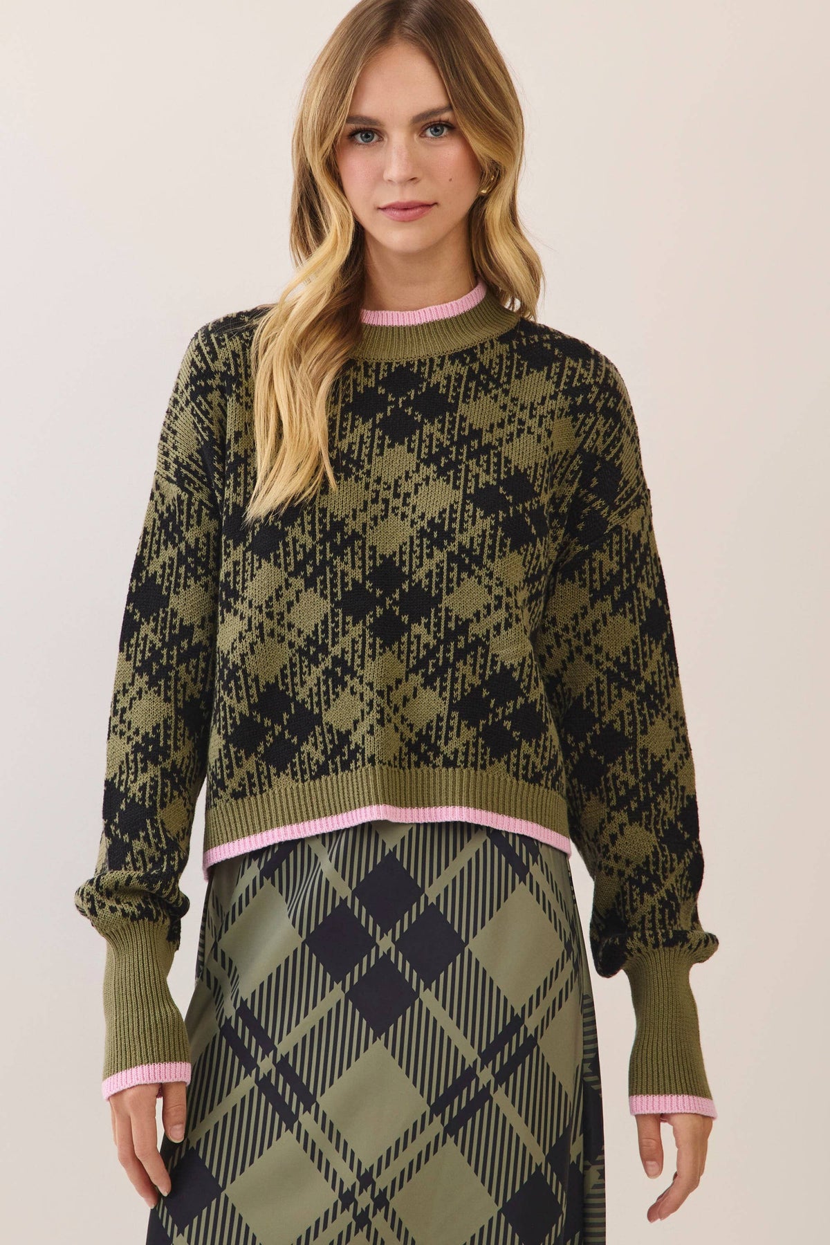 Plaid pink trim sweater