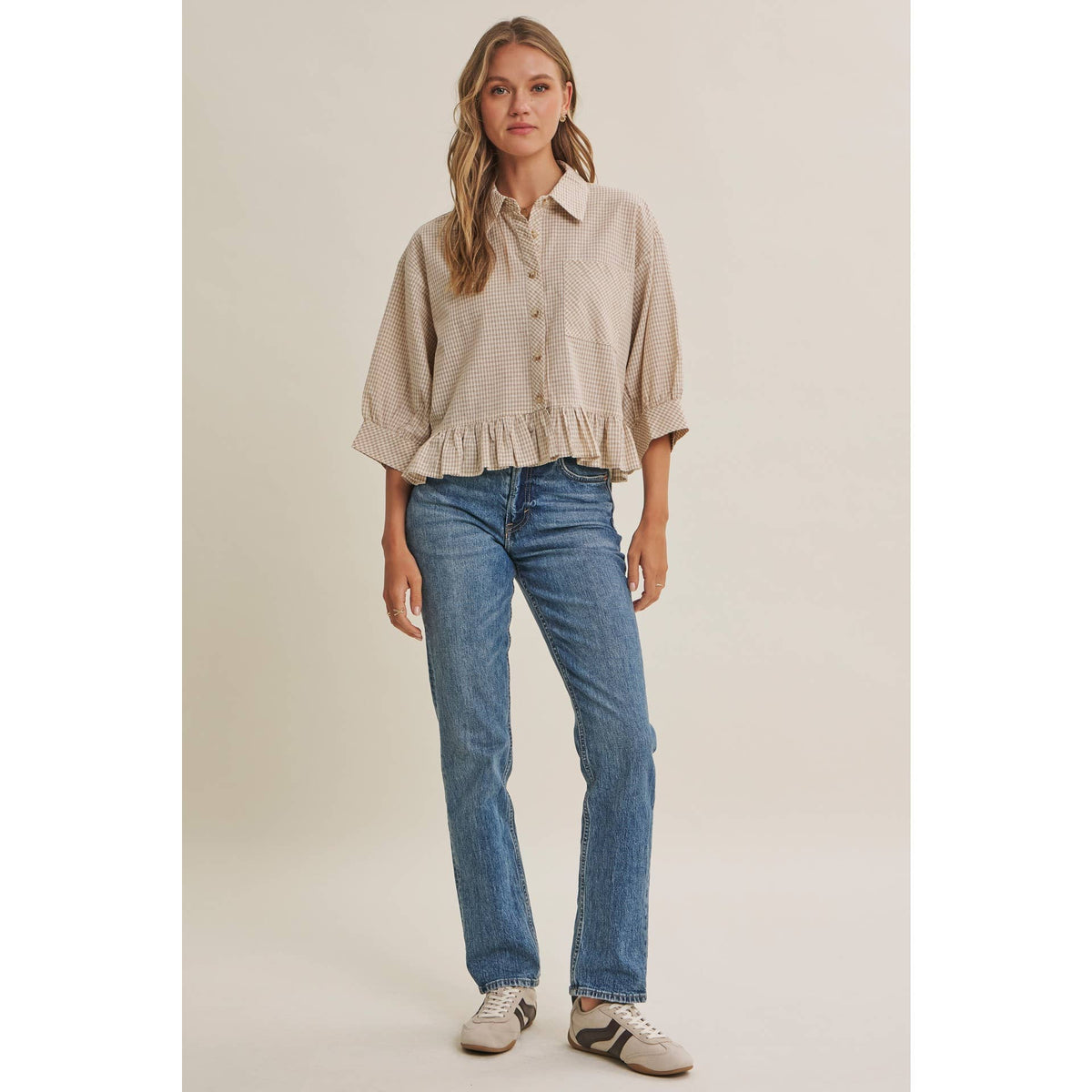MICRO CHECK RUFFLE HEM BUTTON-DOWN SHIRT