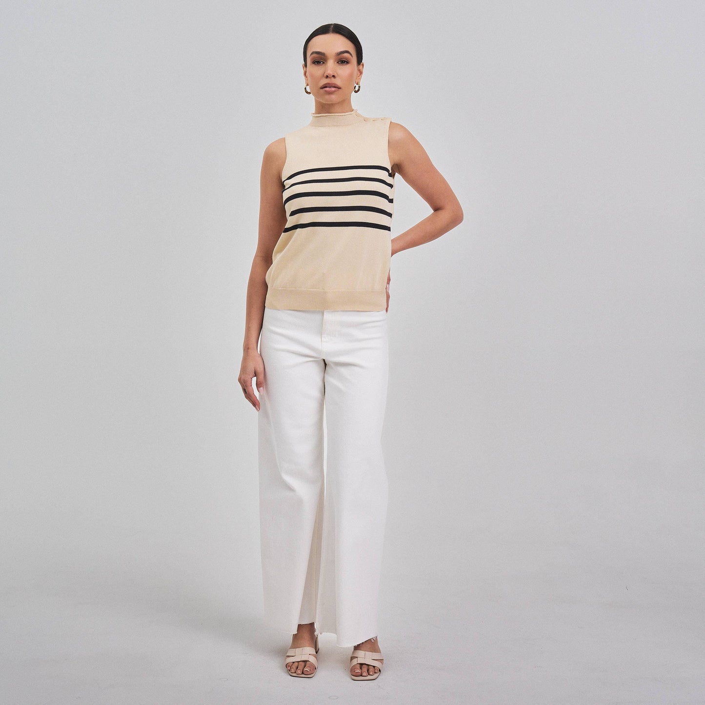 Sleeveless mock neck striped sweater