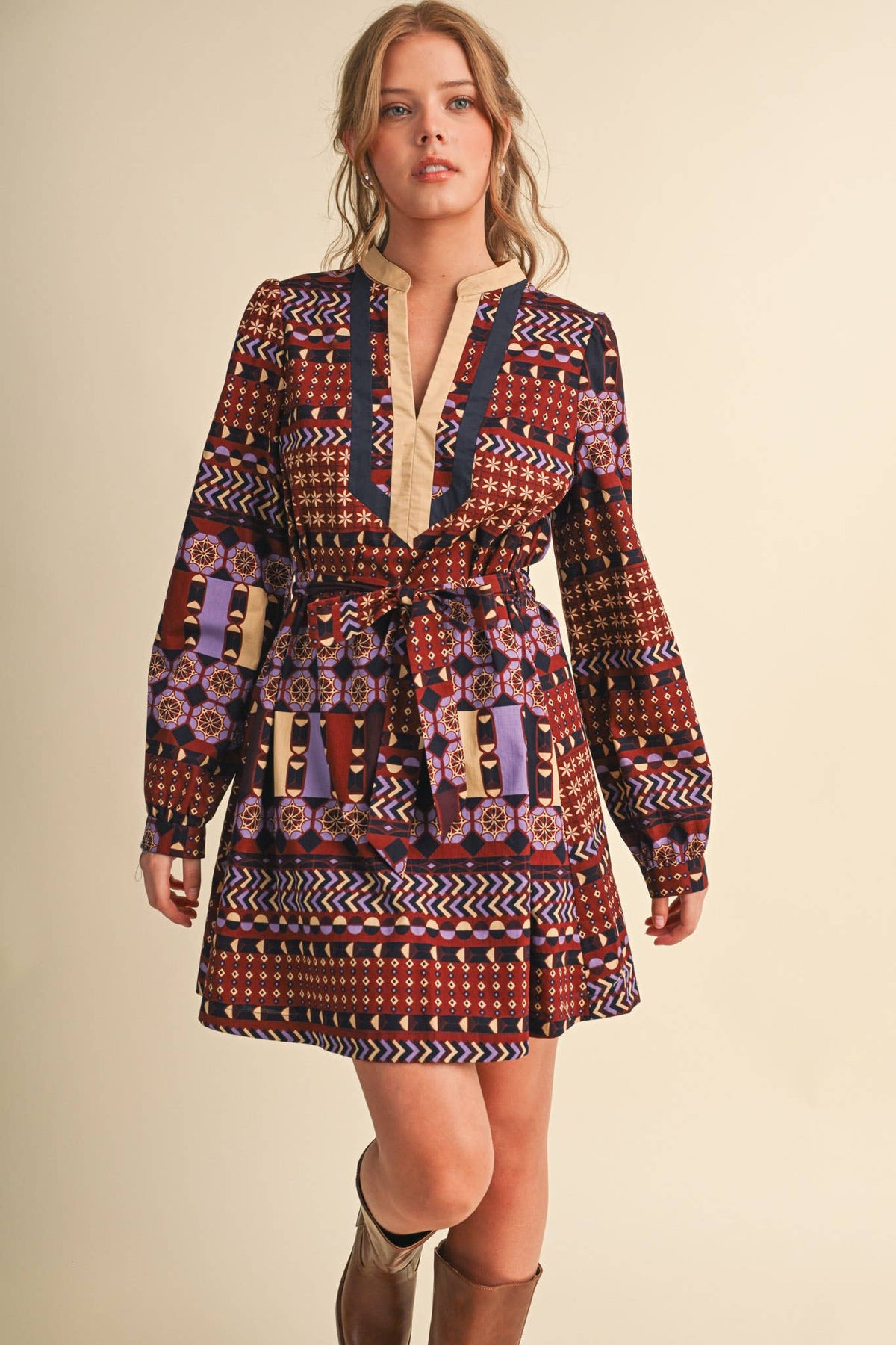 PRINT BELTED MINI DRESS