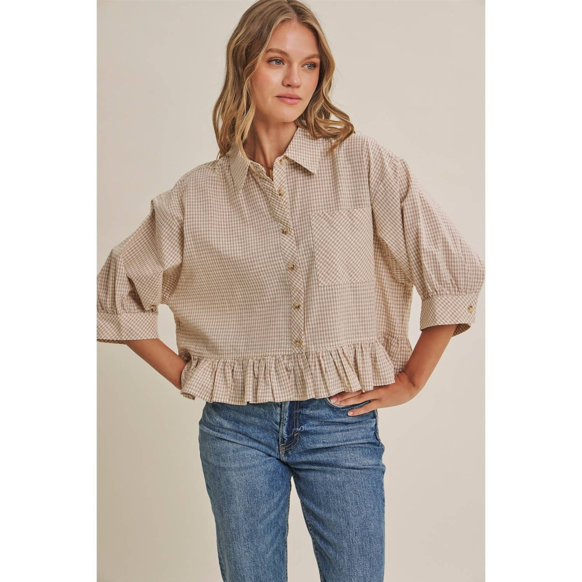 MICRO CHECK RUFFLE HEM BUTTON-DOWN SHIRT