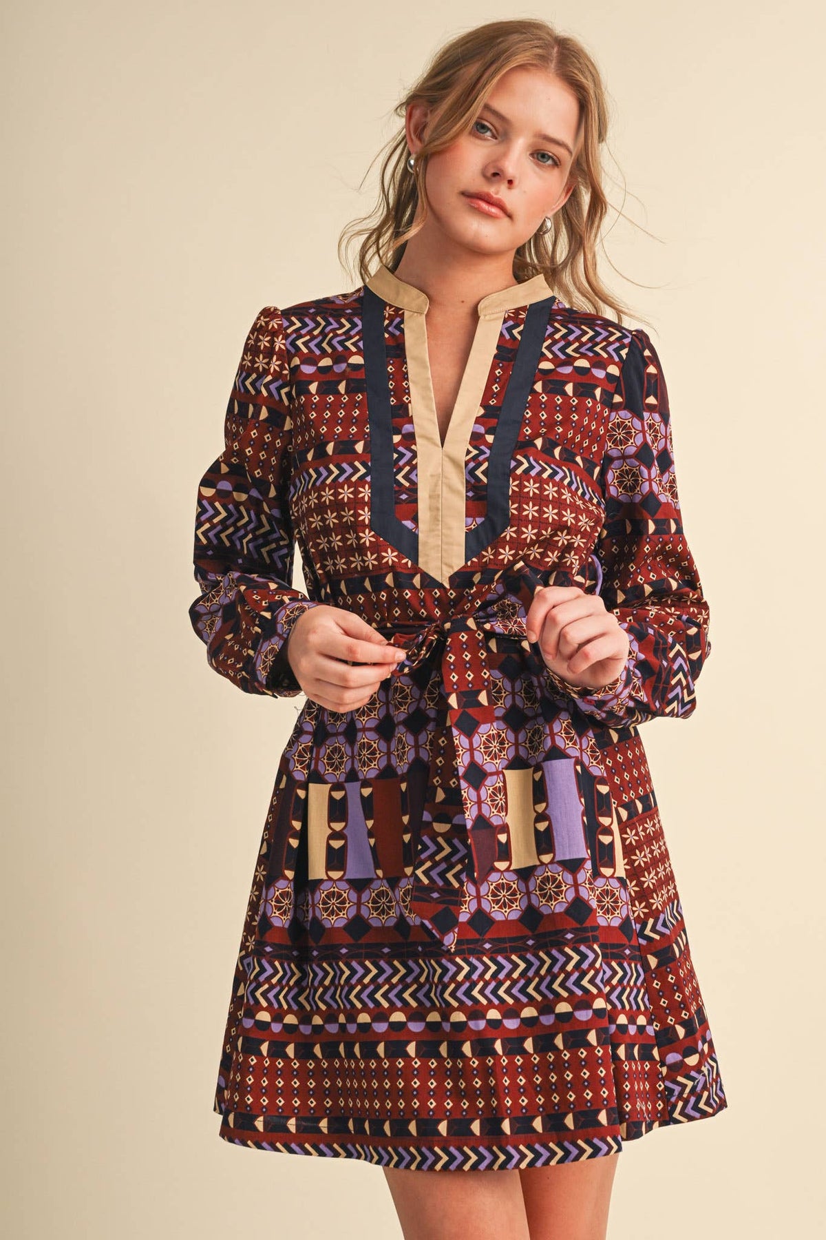 PRINT BELTED MINI DRESS